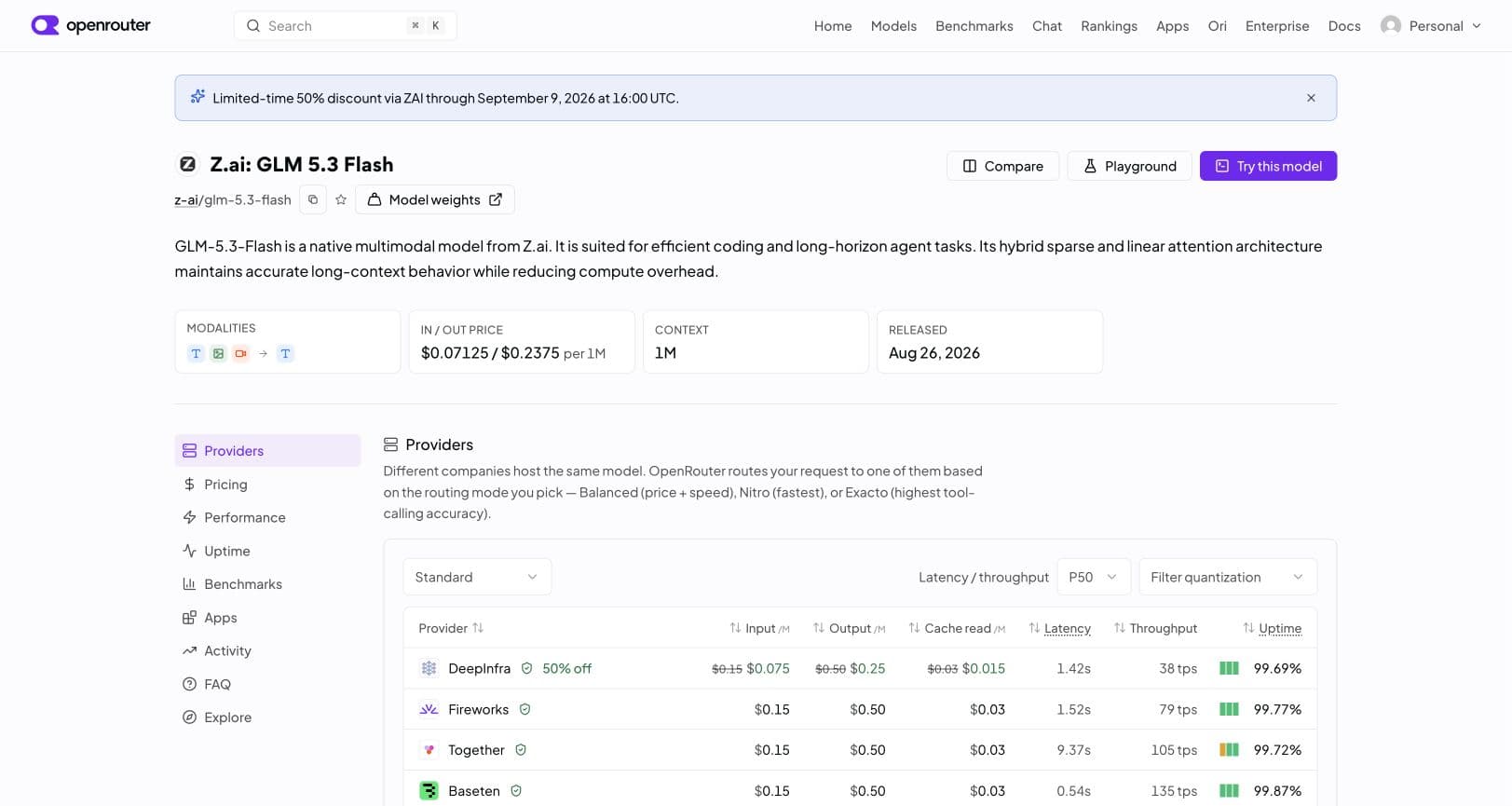 GLM 5.3 Flash's OpenRouter page advertises a limited-time 50% discount via ZAI through September 9, 2026, at 16:00 UTC.