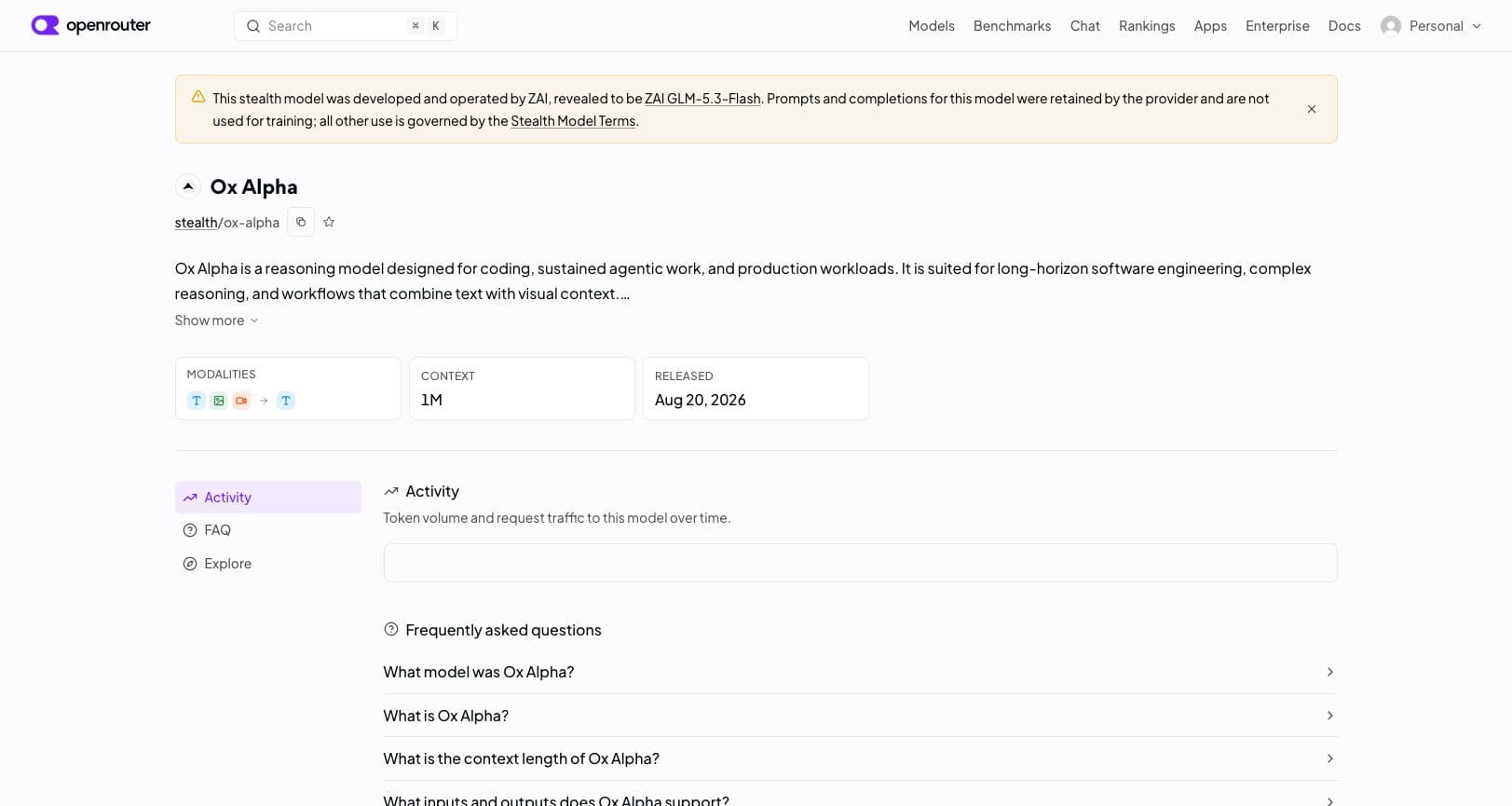 OpenRouter's Ox Alpha page identifies the stealth model as Z.ai GLM 5.3 Flash and lists an August 20, 2026 release date.