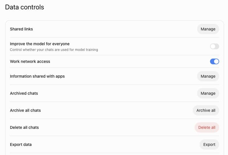ChatGPT's web Data controls settings showing model improvement off, alongside separate archive, delete, and export controls.