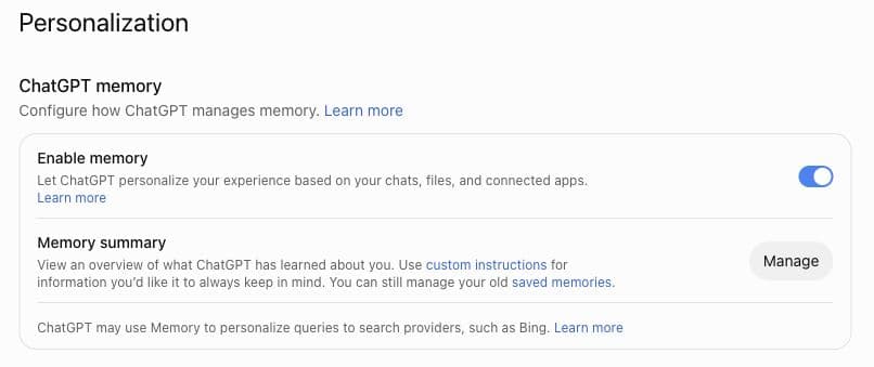 ChatGPT Personalization settings showing Enable memory, a Memory summary Manage button, and a separate saved memories link.