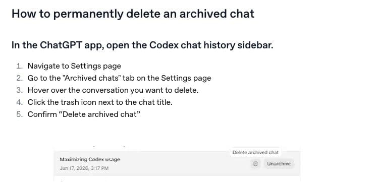 OpenAI's illustrated Codex guide shows a separate Delete archived chat control next to Unarchive in Settings, Archived chats.