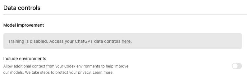 Codex cloud Data controls showing training disabled and a separate Include environments toggle turned off.