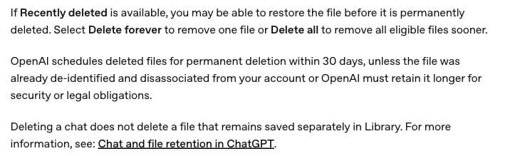ChatGPT Library help explains separate file deletion, Recently Deleted where available, and permanent system deletion scheduled within 30 days.