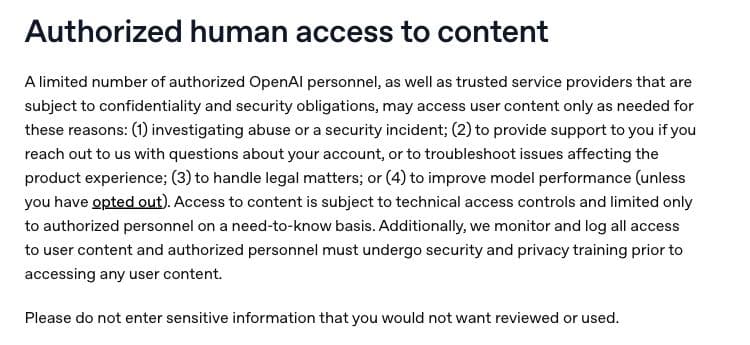 OpenAI's consumer policy lists four reasons for authorized human access and limits the training opt-out to model improvement.