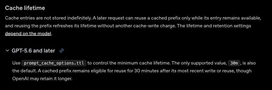 OpenAI prompt-caching documentation says the 30m setting controls the minimum cache lifetime and that OpenAI may retain the cached prefix longer.