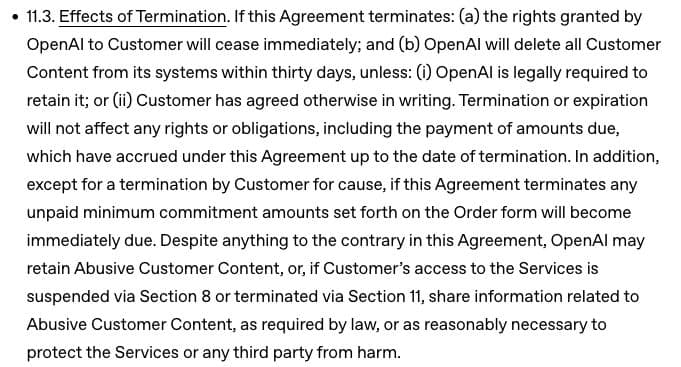 Section 11.3 describes deletion of customer content after termination of the Services Agreement, with legal and abuse exceptions.