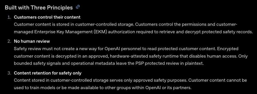 OpenAI's ZDR with Private Safety Processing principles specify customer-controlled storage, no human review, and safety-only use.