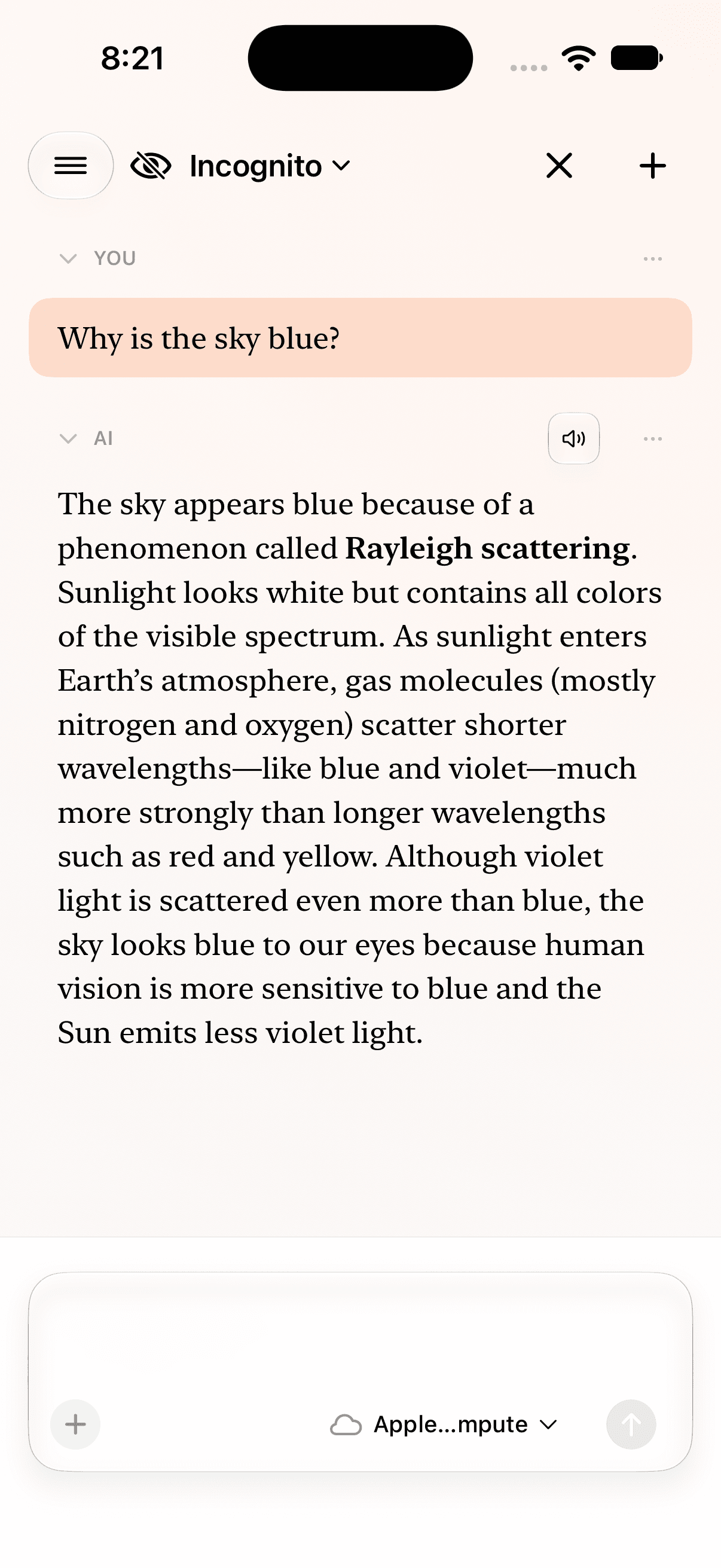 Apple Private Cloud Compute answering why the sky is blue in Cumbersome on iPhone.