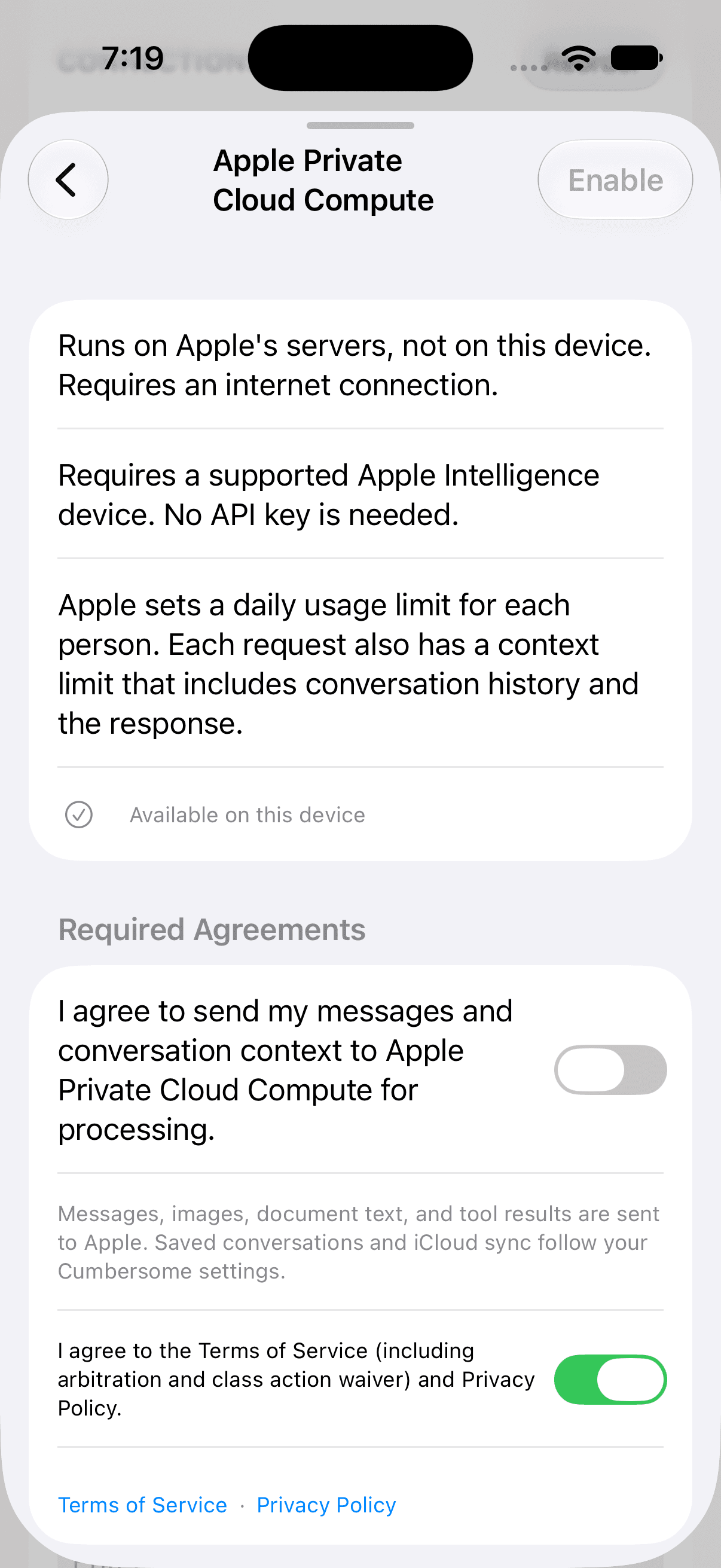 Cumbersome's Apple Private Cloud Compute setup on iPhone, showing availability, the daily usage limit, and the choice to send messages to Apple.