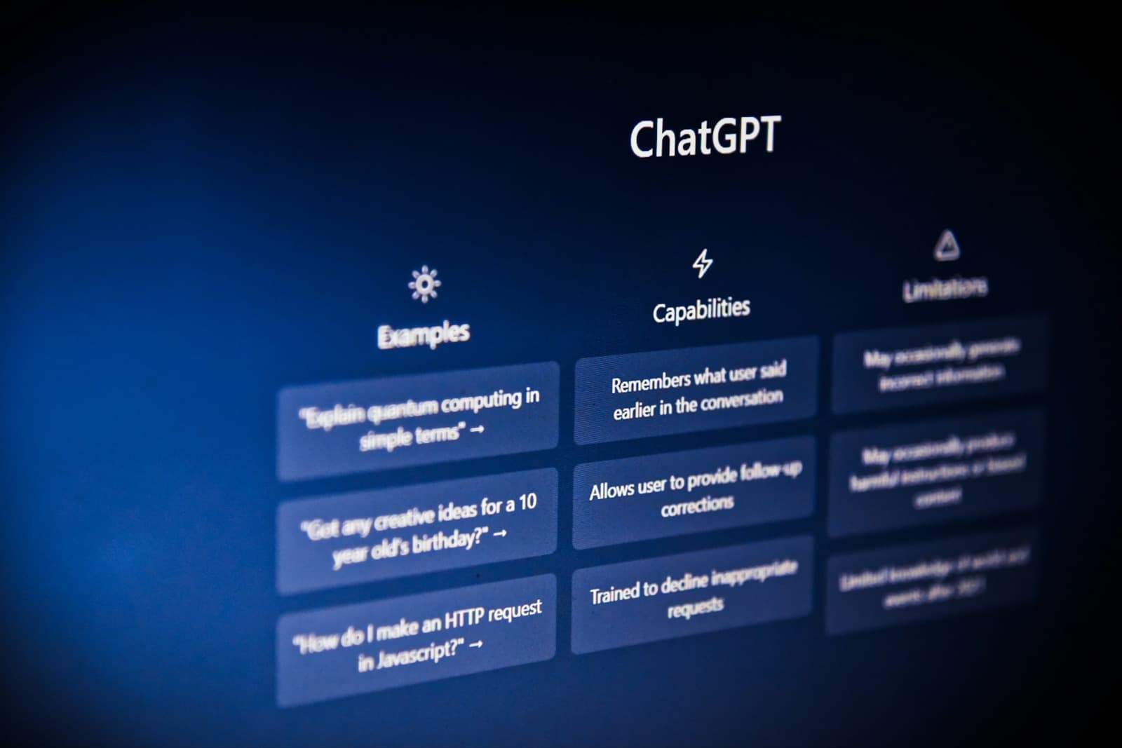 ChatGPT welcome screen showing examples, capabilities, and limitations