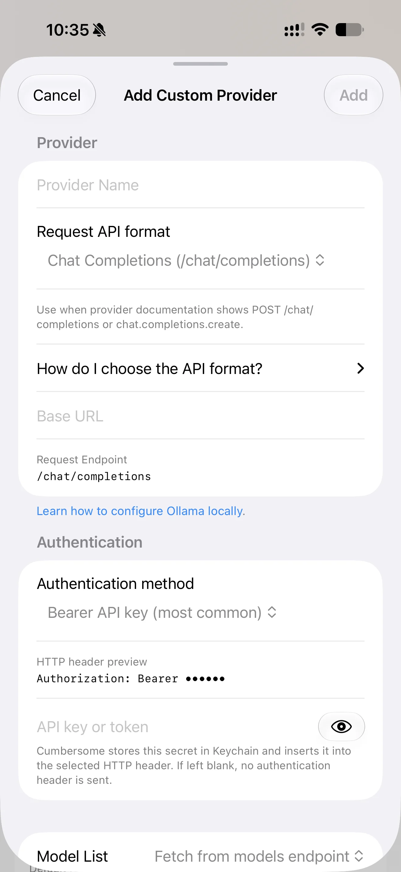 Cumbersome custom AI provider form with API format, base URL, and authentication settings