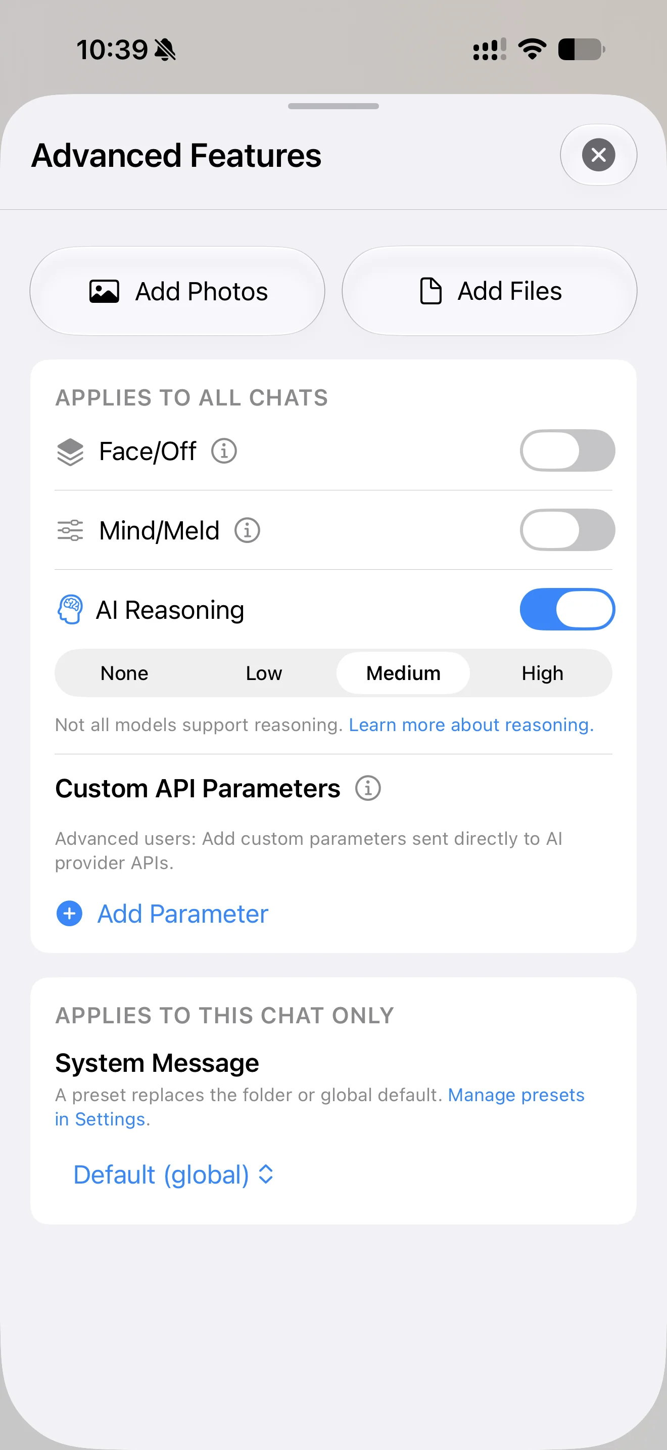 Cumbersome Advanced Features panel with Face/Off and Mind/Meld controls