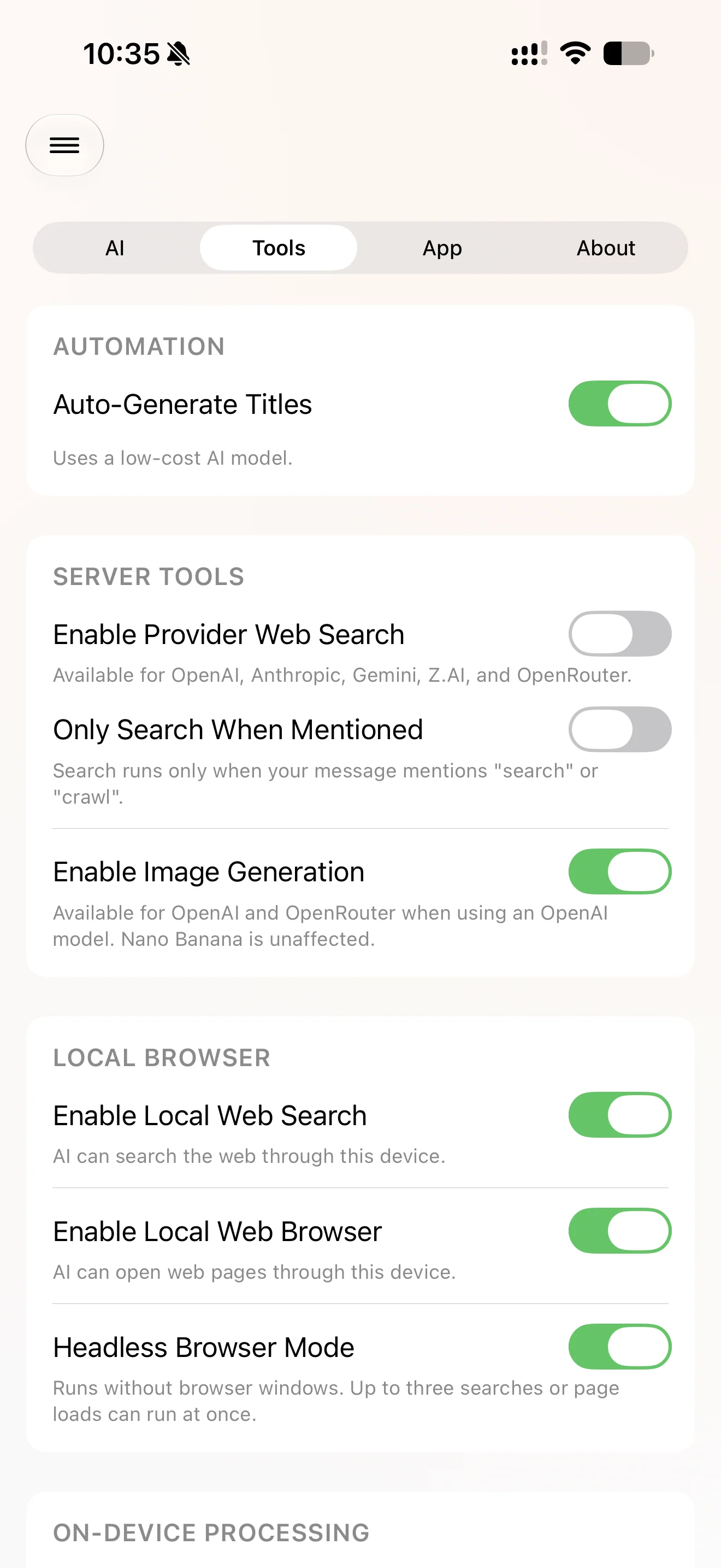 Cumbersome settings for provider web search, local web search, local browser, and headless mode