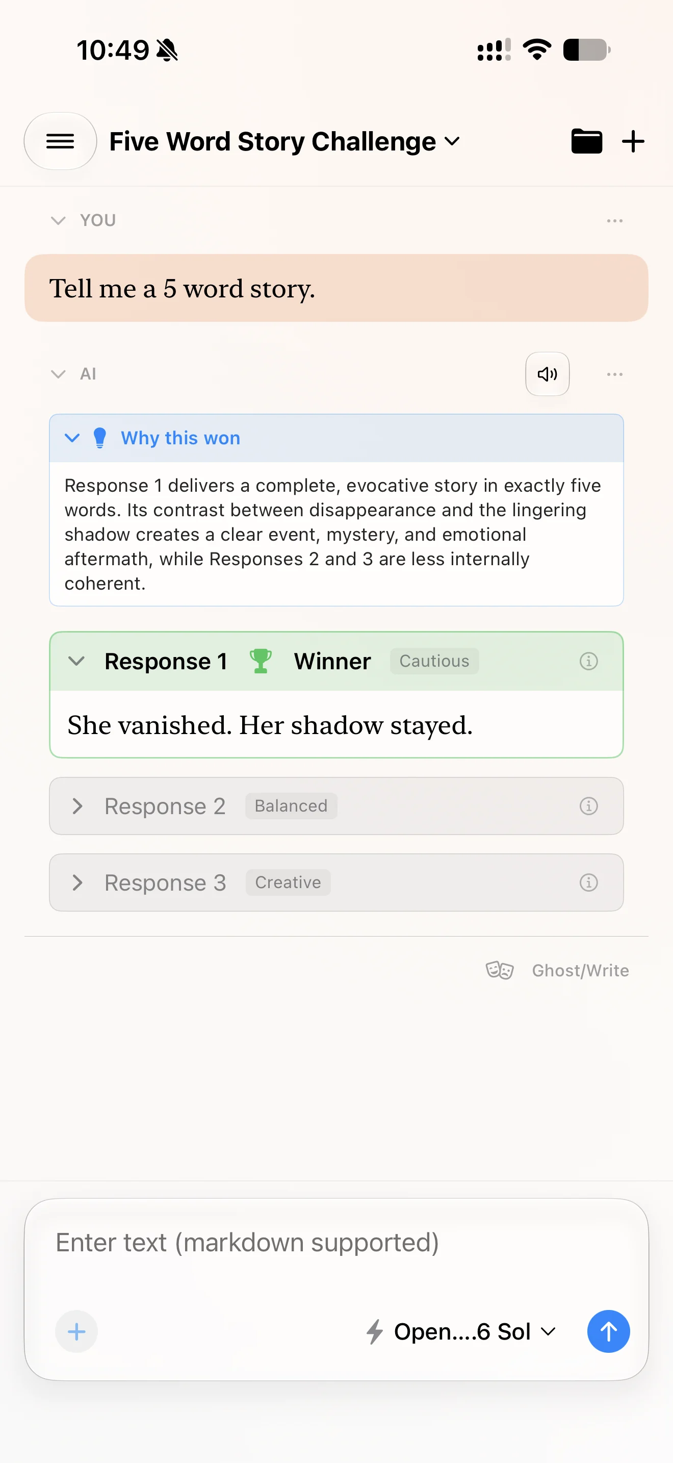 Cumbersome Face/Off Mode showing an AI judge rationale, a winning response, and two collapsed alternatives