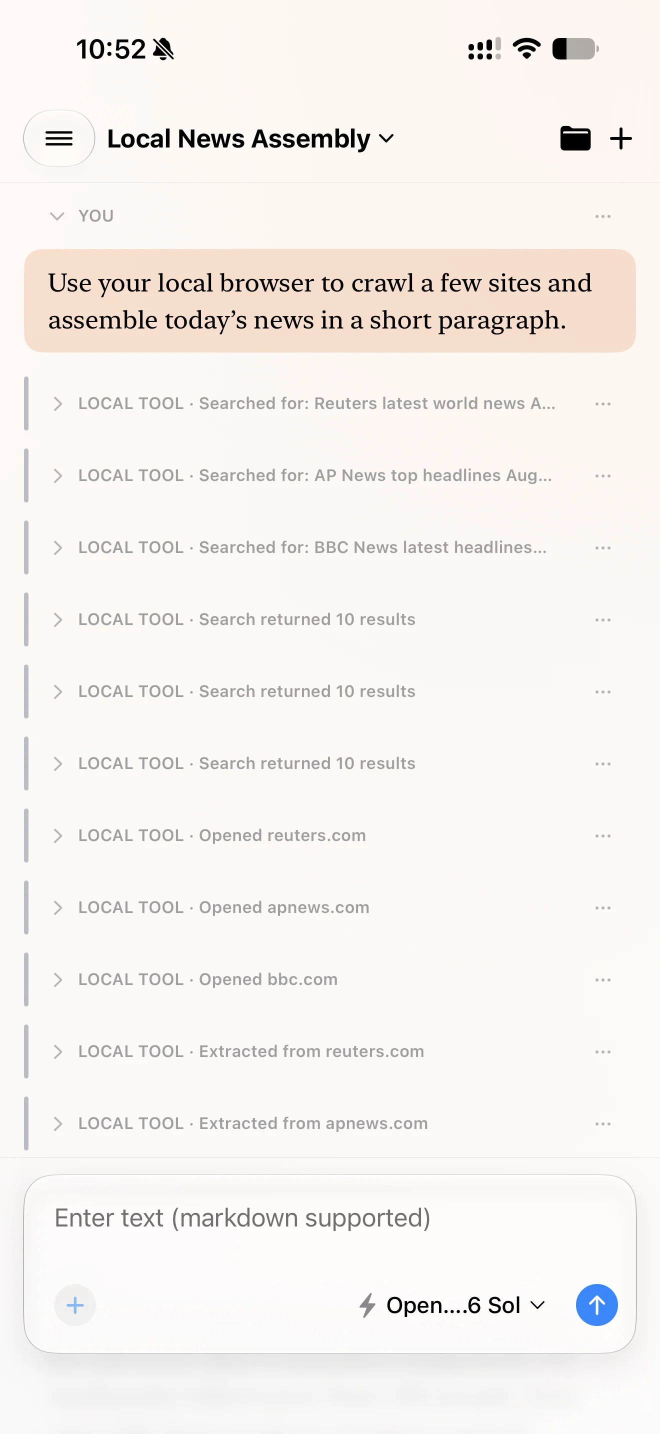 Cumbersome conversation showing local web searches, page opens, and text extraction steps