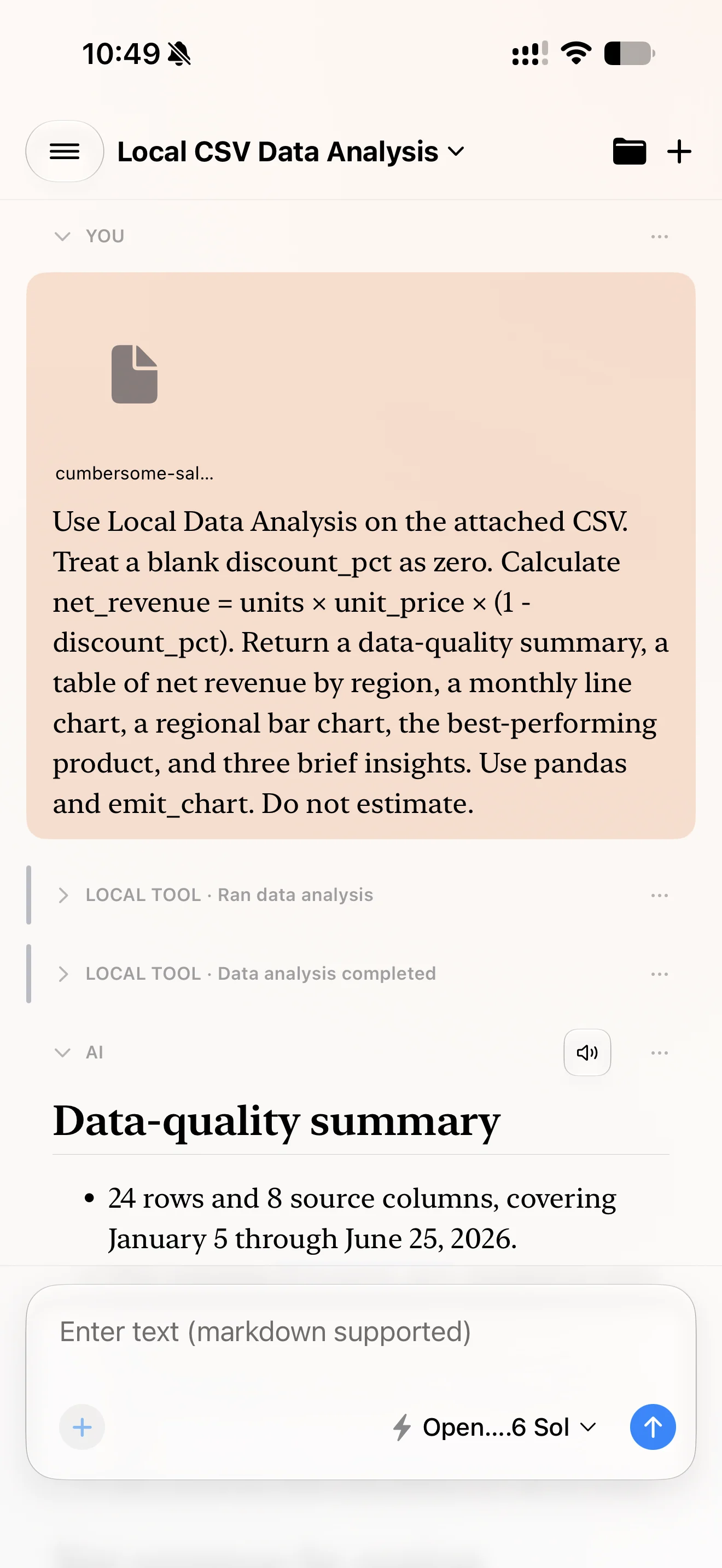 Cumbersome prompt asking for local CSV data analysis with visible local tool results