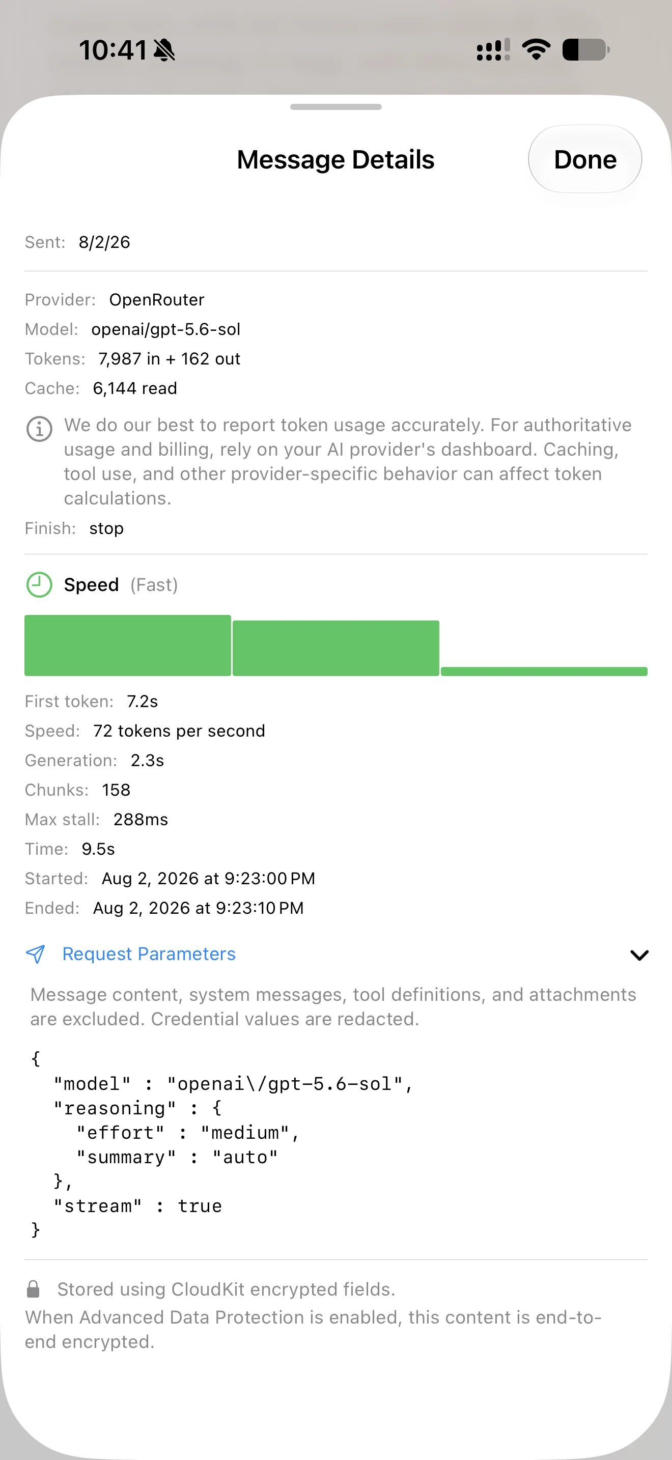Cumbersome message diagnostics showing provider, model, token usage, speed, and request parameters