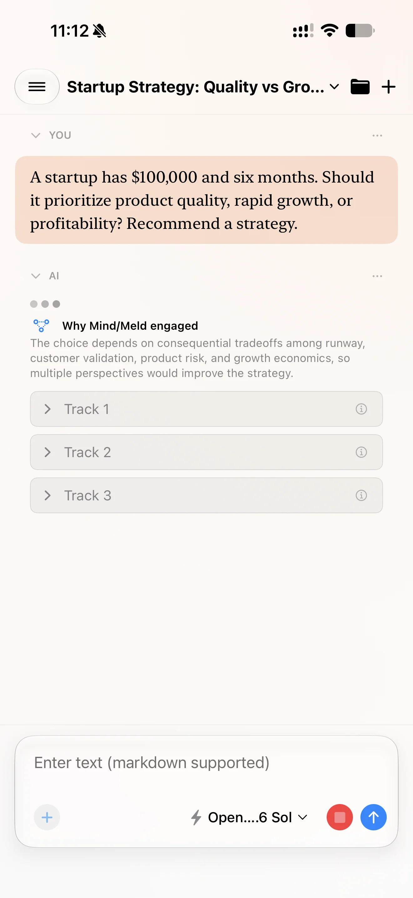 Cumbersome Mind/Meld running three independent AI tracks for a strategy question