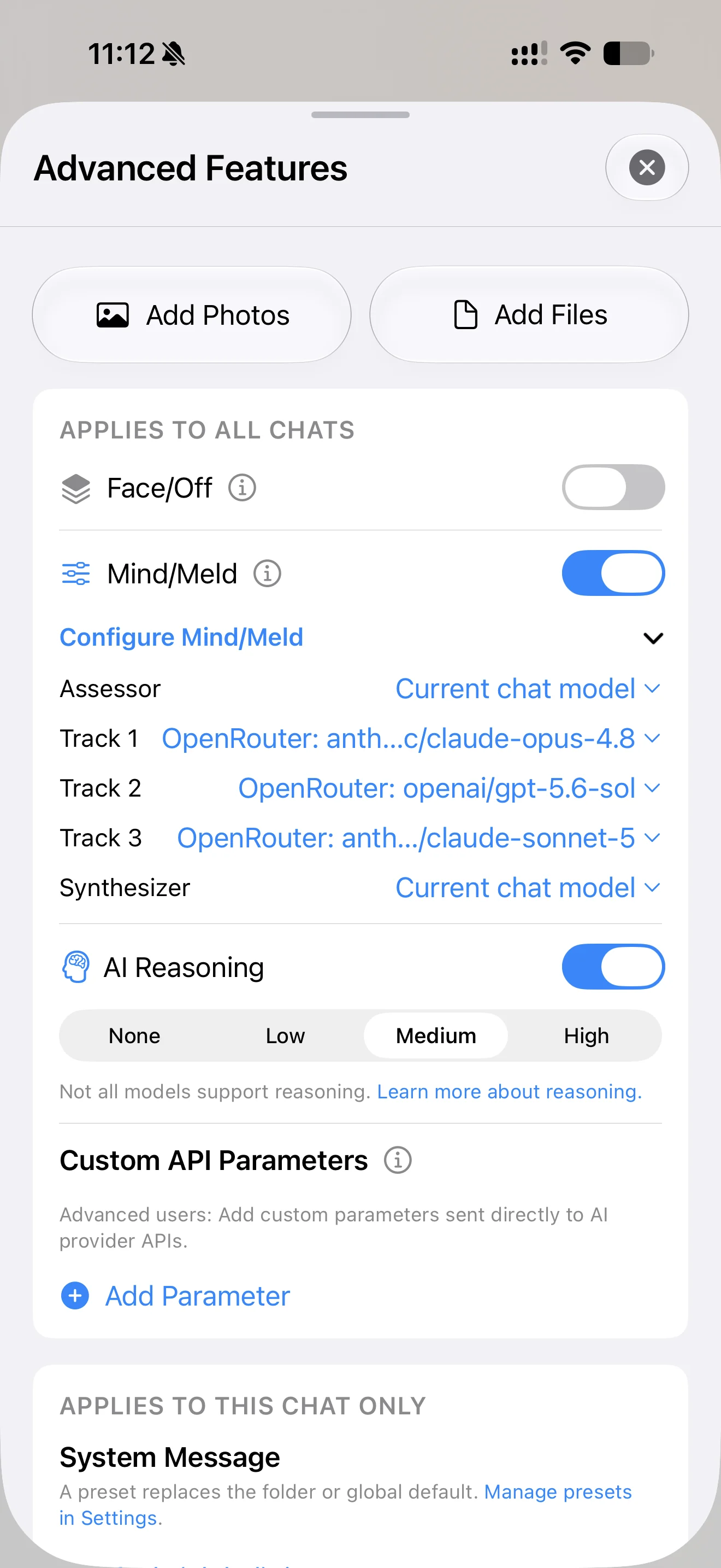 Cumbersome Mind/Meld settings with assessor, three tracks, and synthesizer model controls