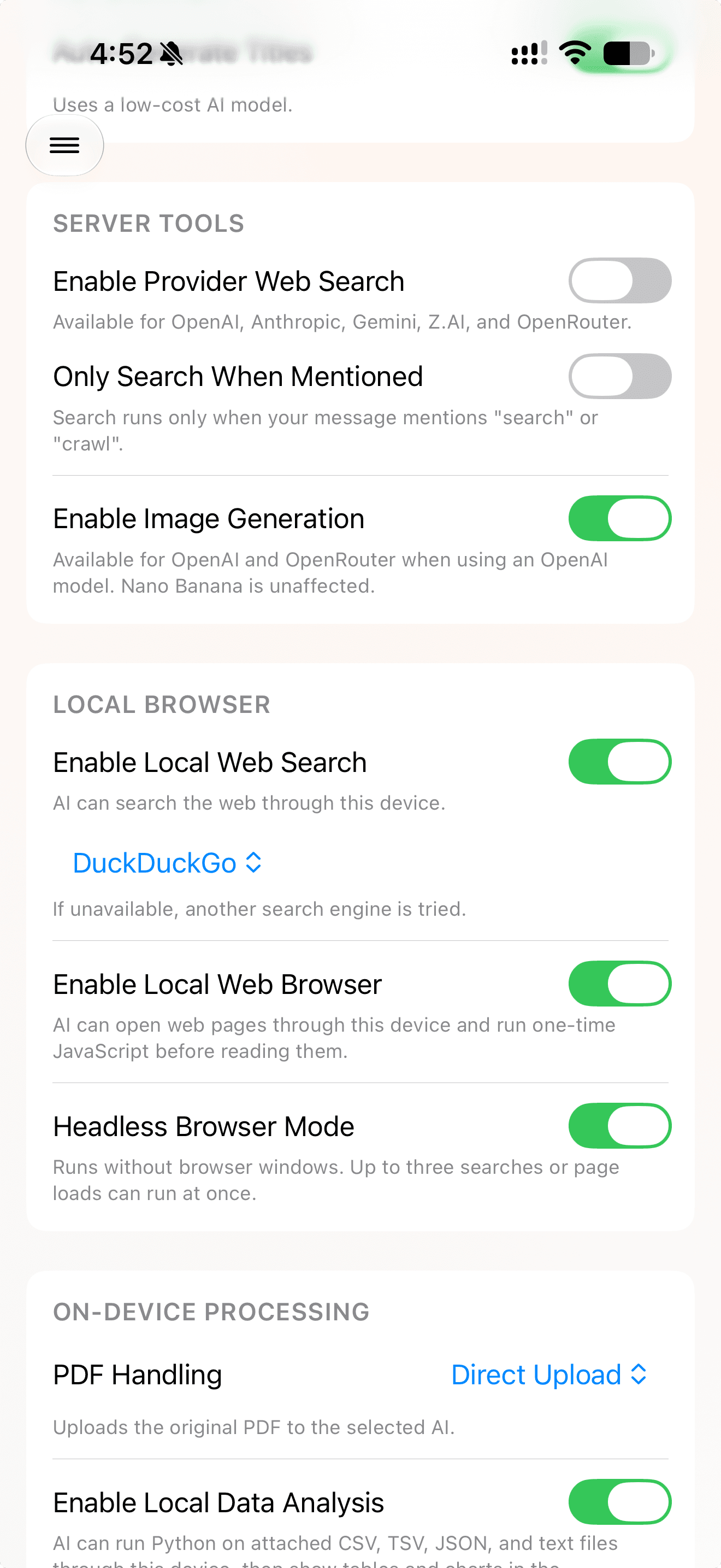 Cumbersome settings with separate Local Web Search and Local Web Browser toggles, DuckDuckGo selected, and Headless Browser Mode