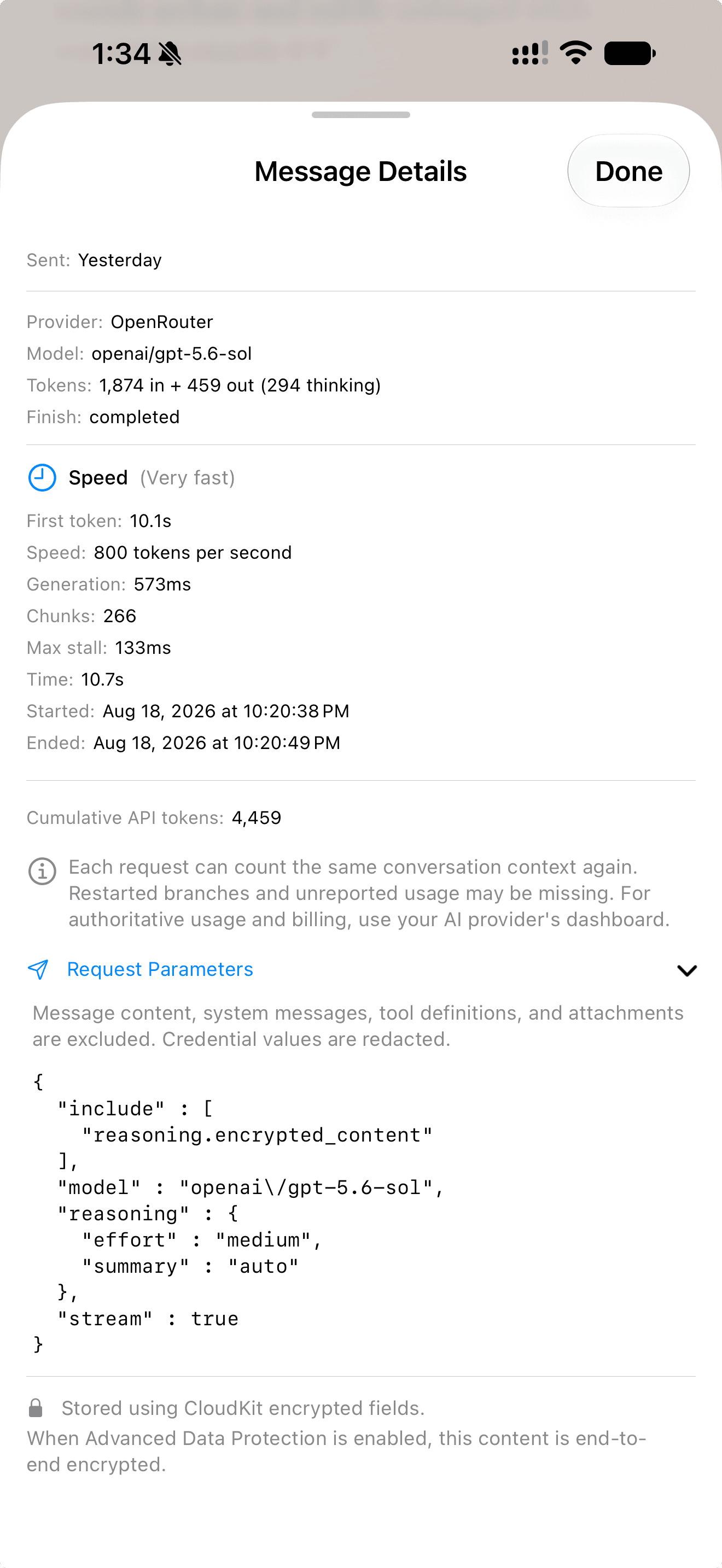 Cumbersome Message Details showing provider, model, token usage, response timing, cumulative API tokens, and expanded redacted request parameters