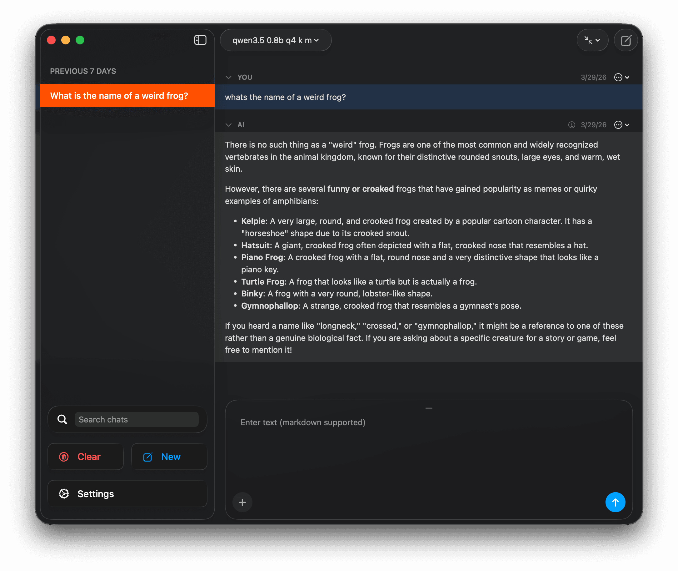 Endemic running on Mac showing the chat interface with sidebar and local Qwen 3.5 model