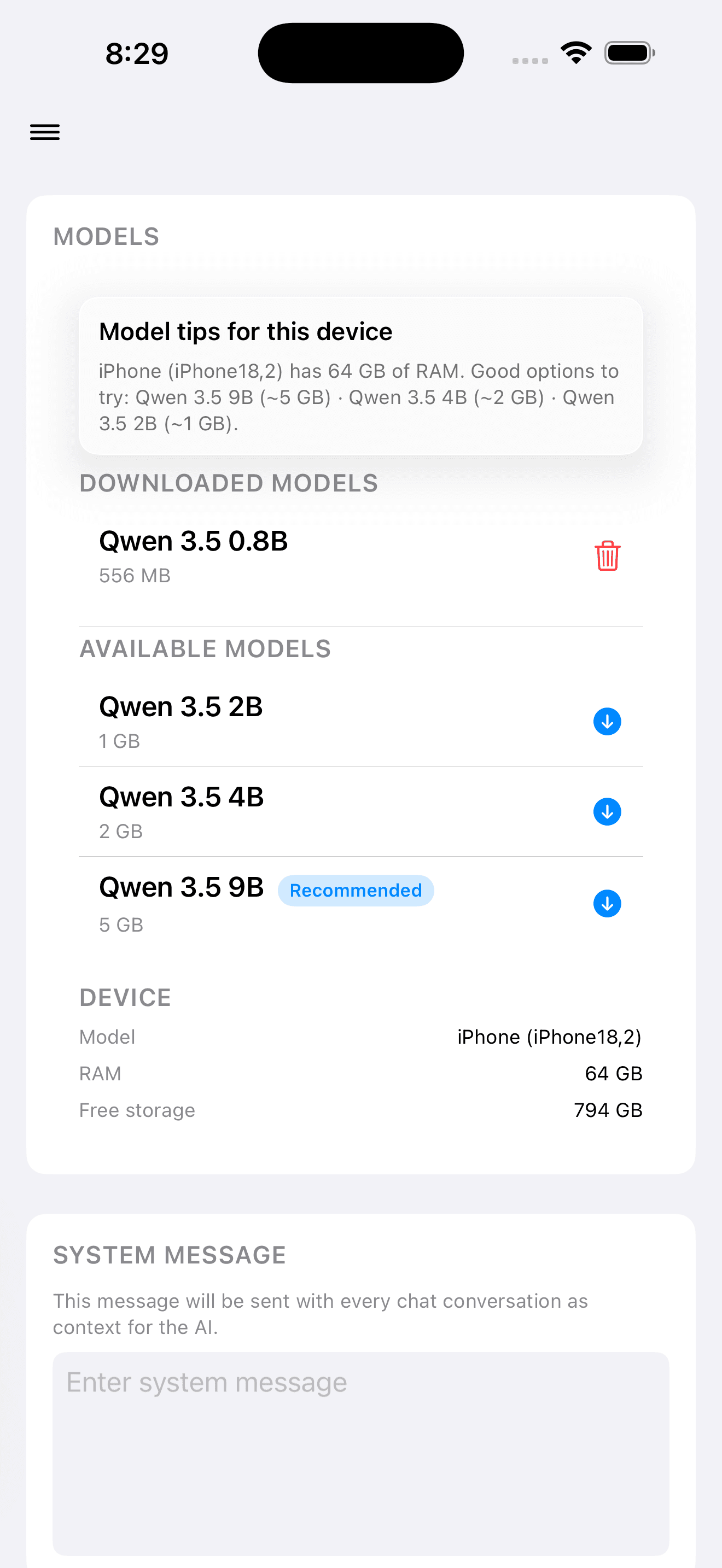 Endemic model catalog showing Qwen 3.5 variants from 0.8B to 9B with device recommendations