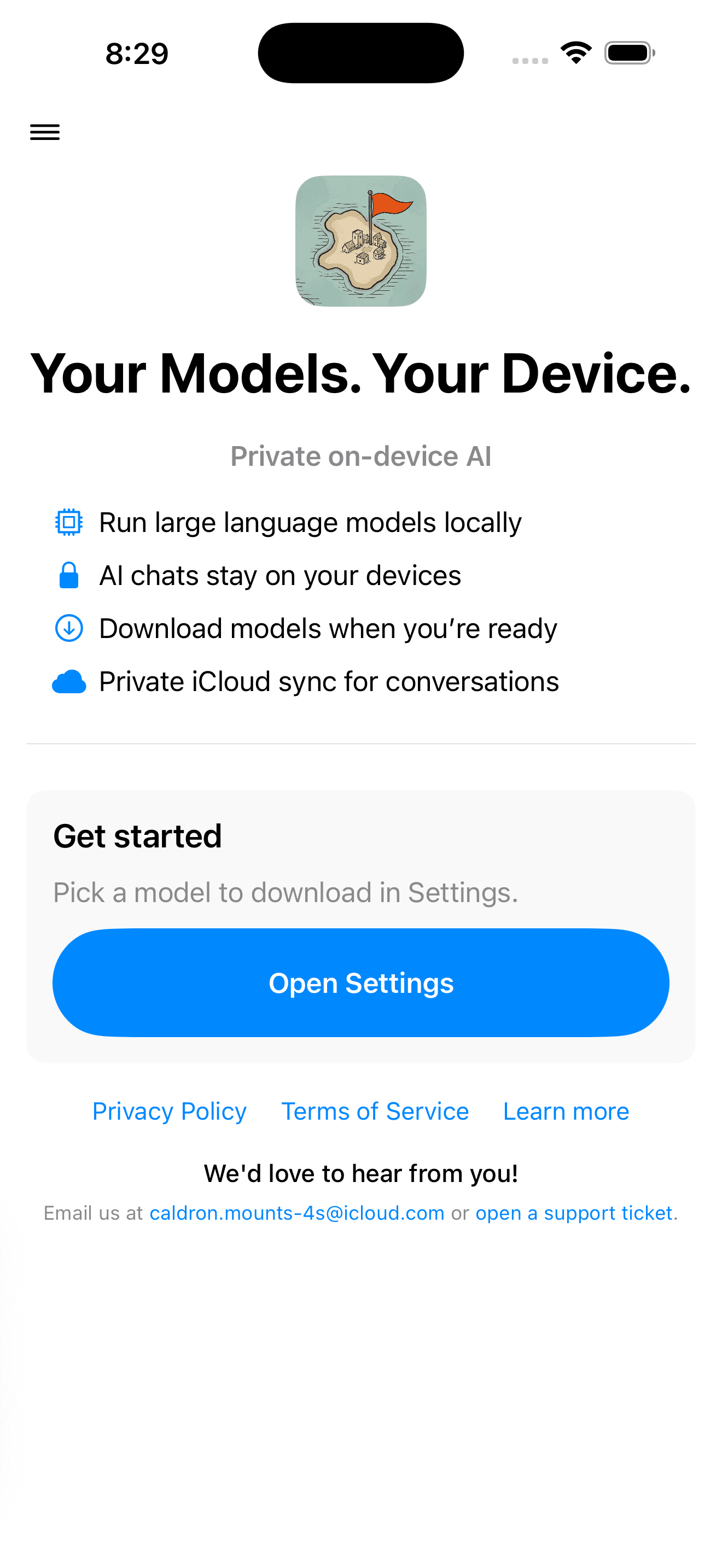 Endemic app welcome screen showing Your Models, Your Device with feature list