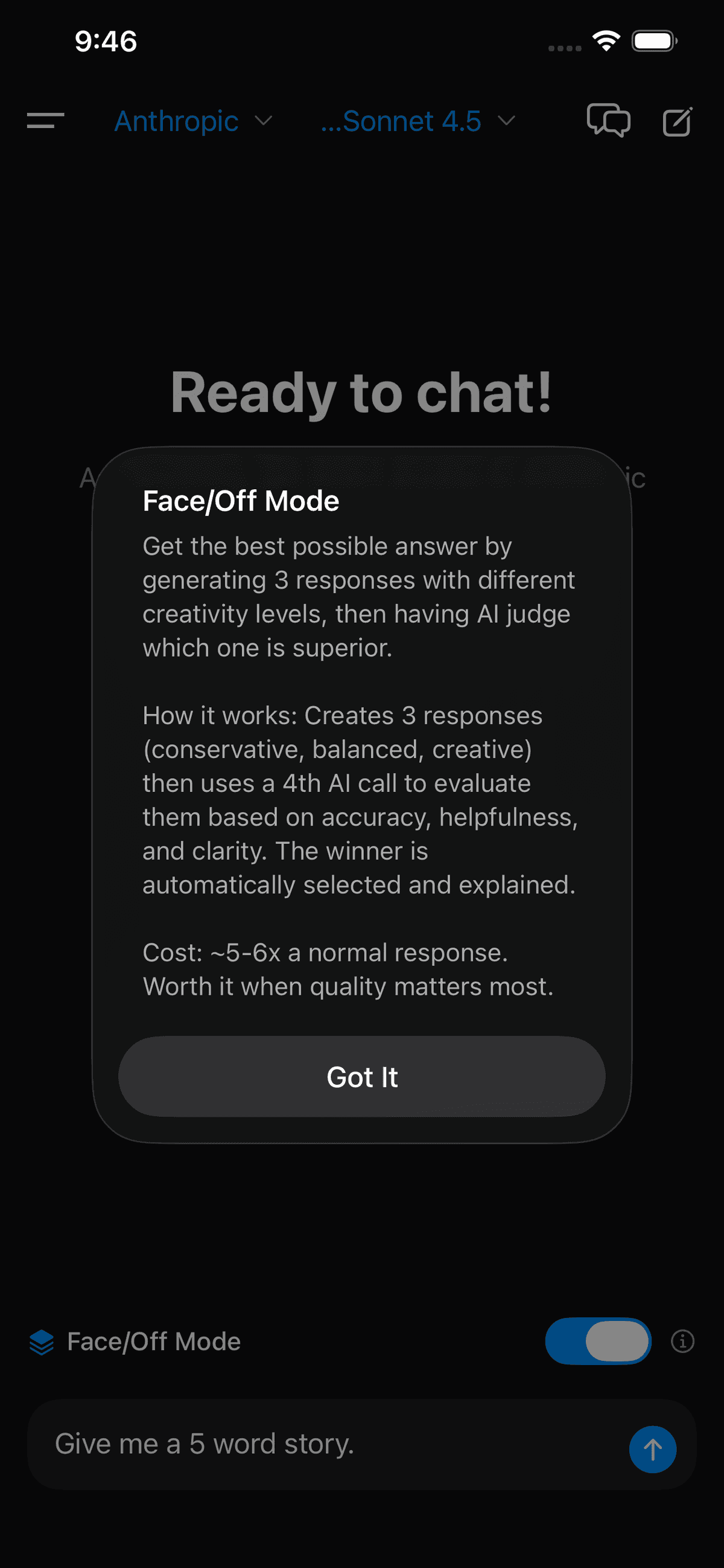 Face/Off Mode showing three candidate responses
