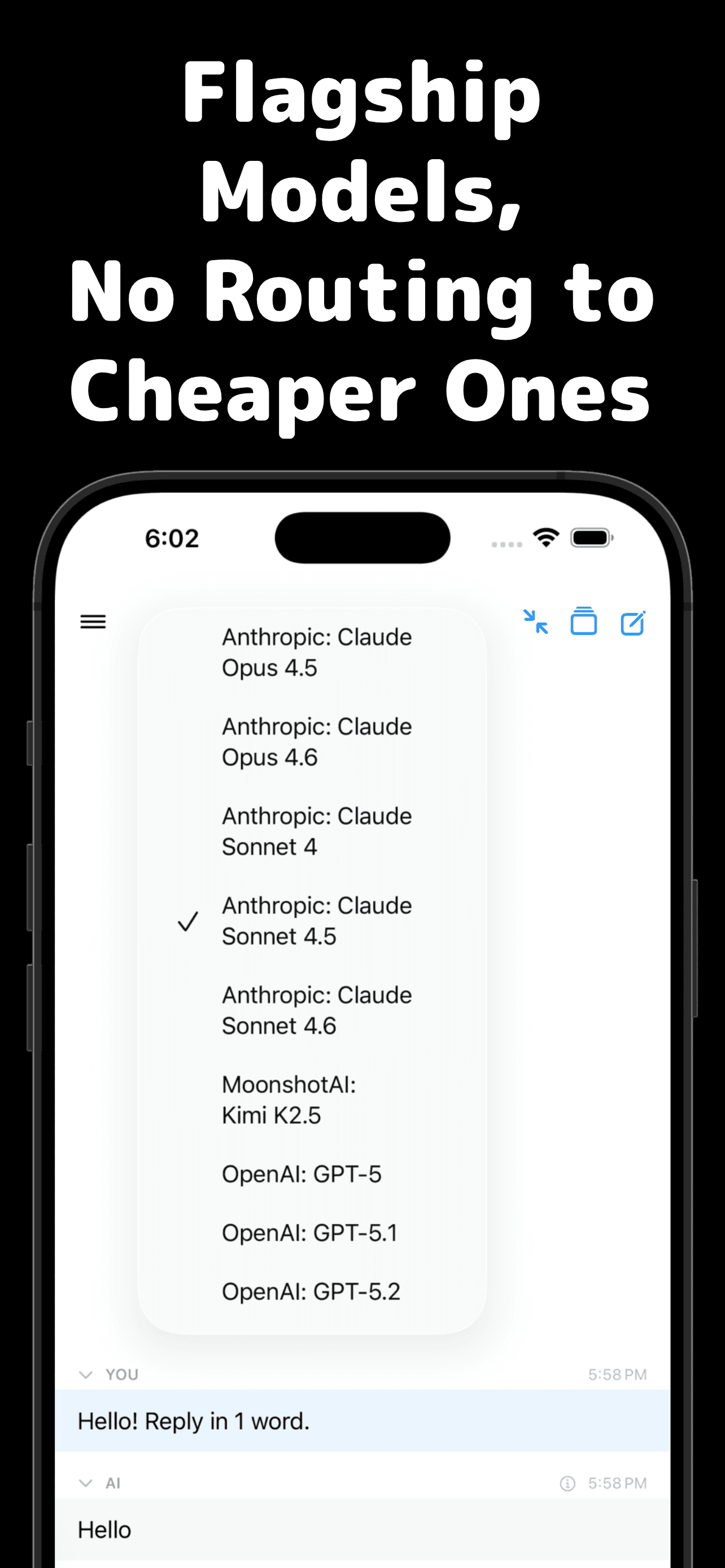 Cumbersome model picker showing flagship models from Anthropic, OpenAI, and MoonshotAI