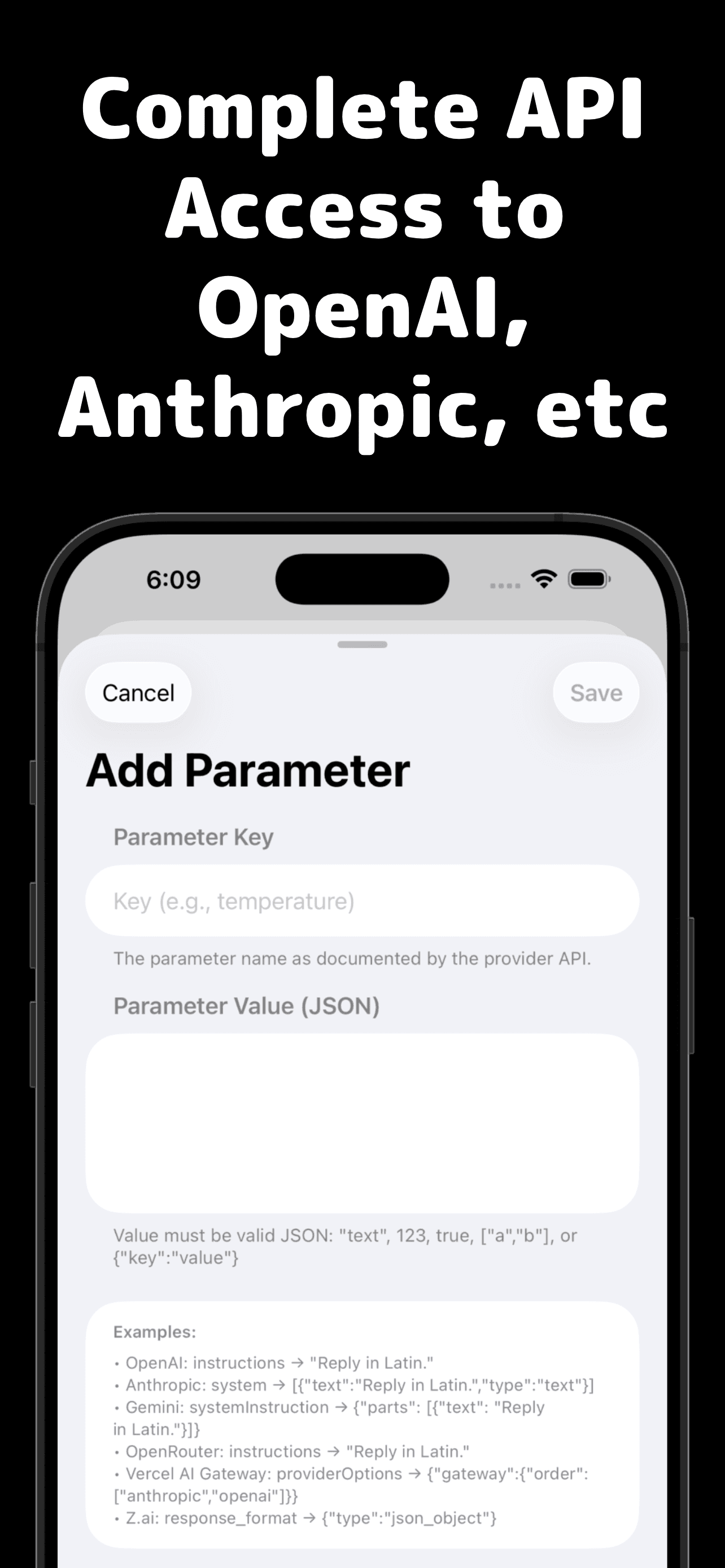 Cumbersome Add Parameter modal for custom API parameters and JSON values
