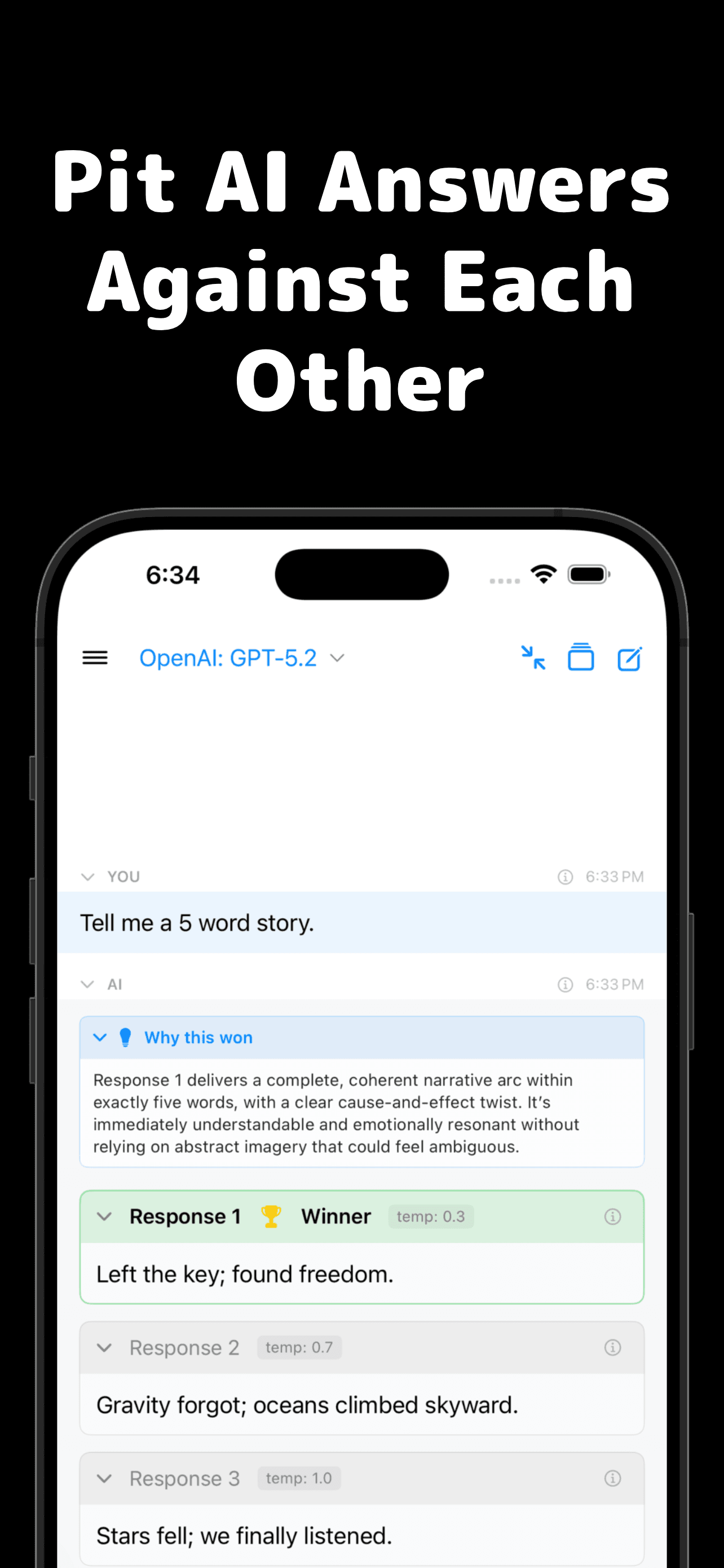 Cumbersome Face/Off Mode comparing three AI responses with winner selection