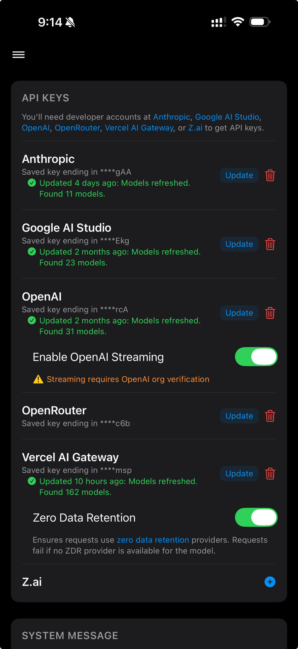 Cumbersome Settings showing all six providers with Zero Data Retention toggle enabled for Vercel AI Gateway
