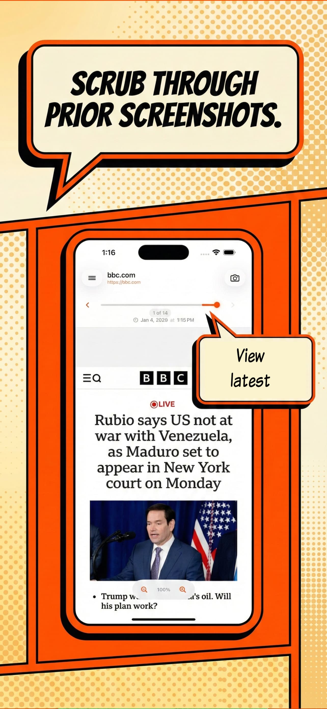 Busybody app view showing captured website with navigation