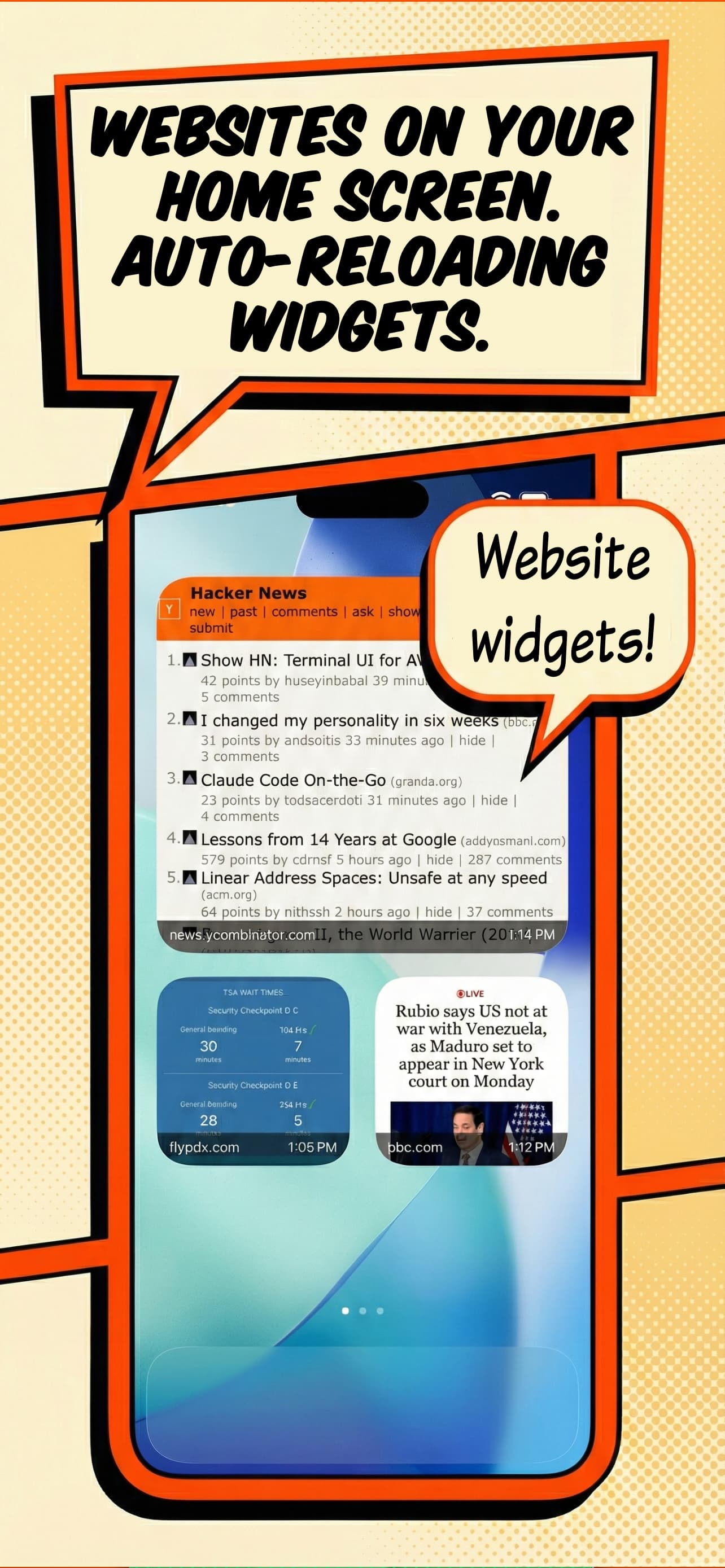 Busybody widgets on home screen showing various websites