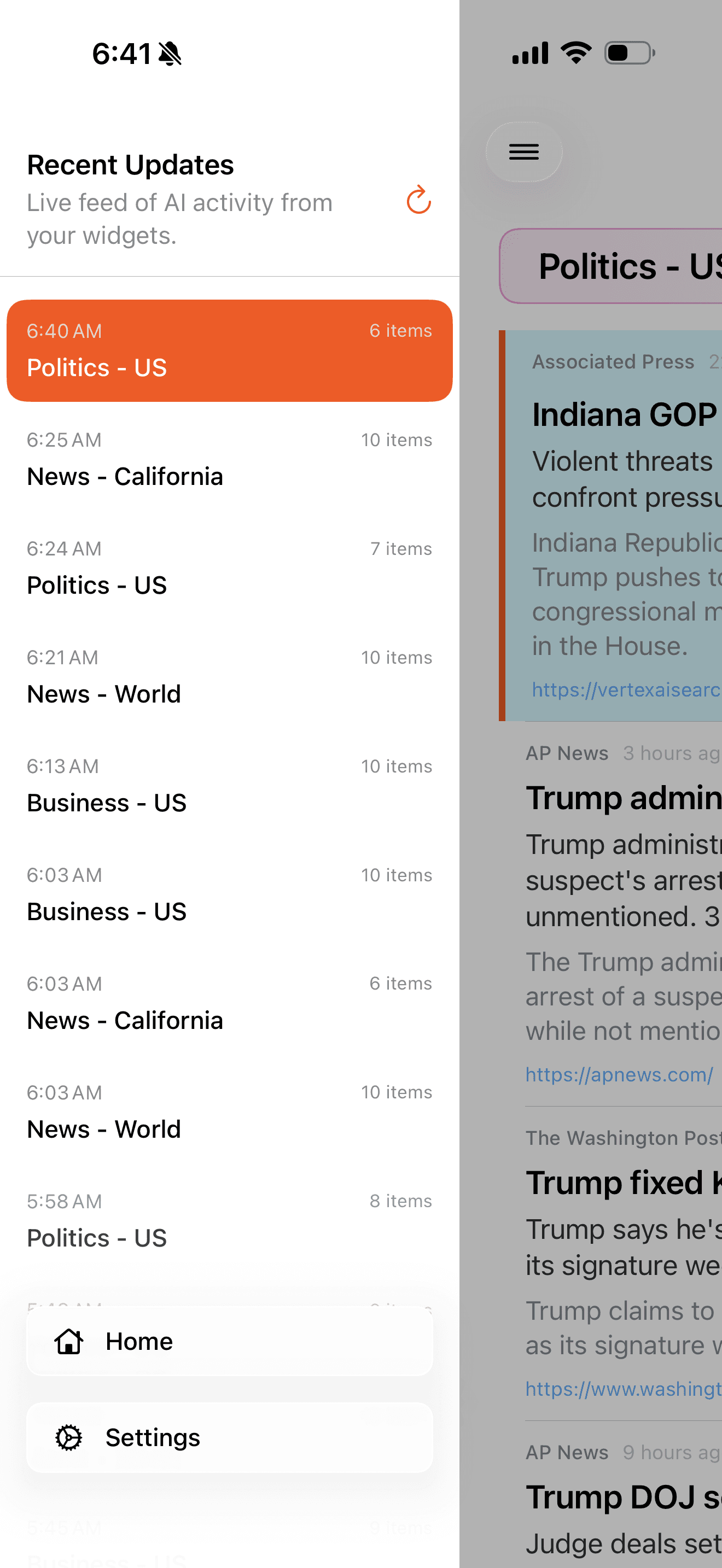 Dense macOS sidebar with stacked headlines