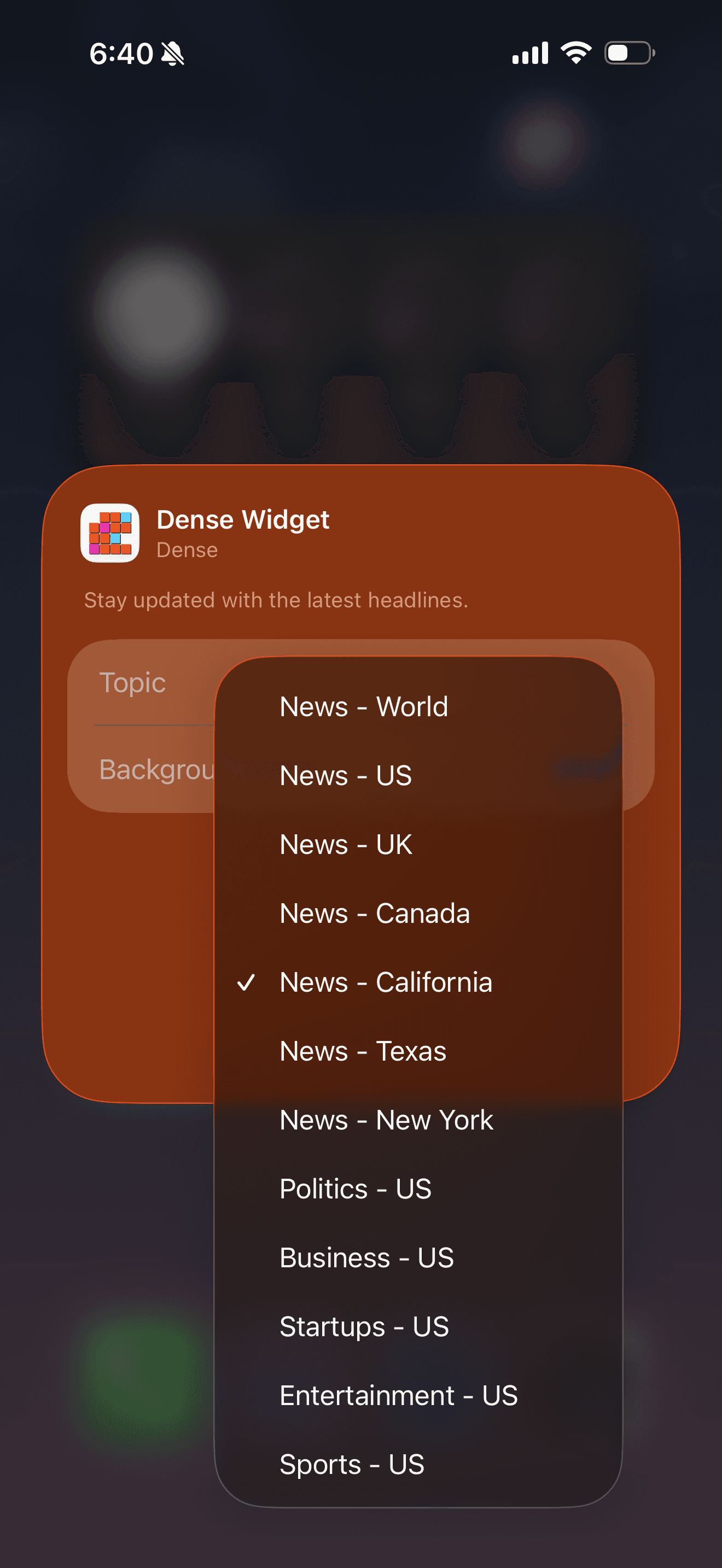 Widget configuration for Dense