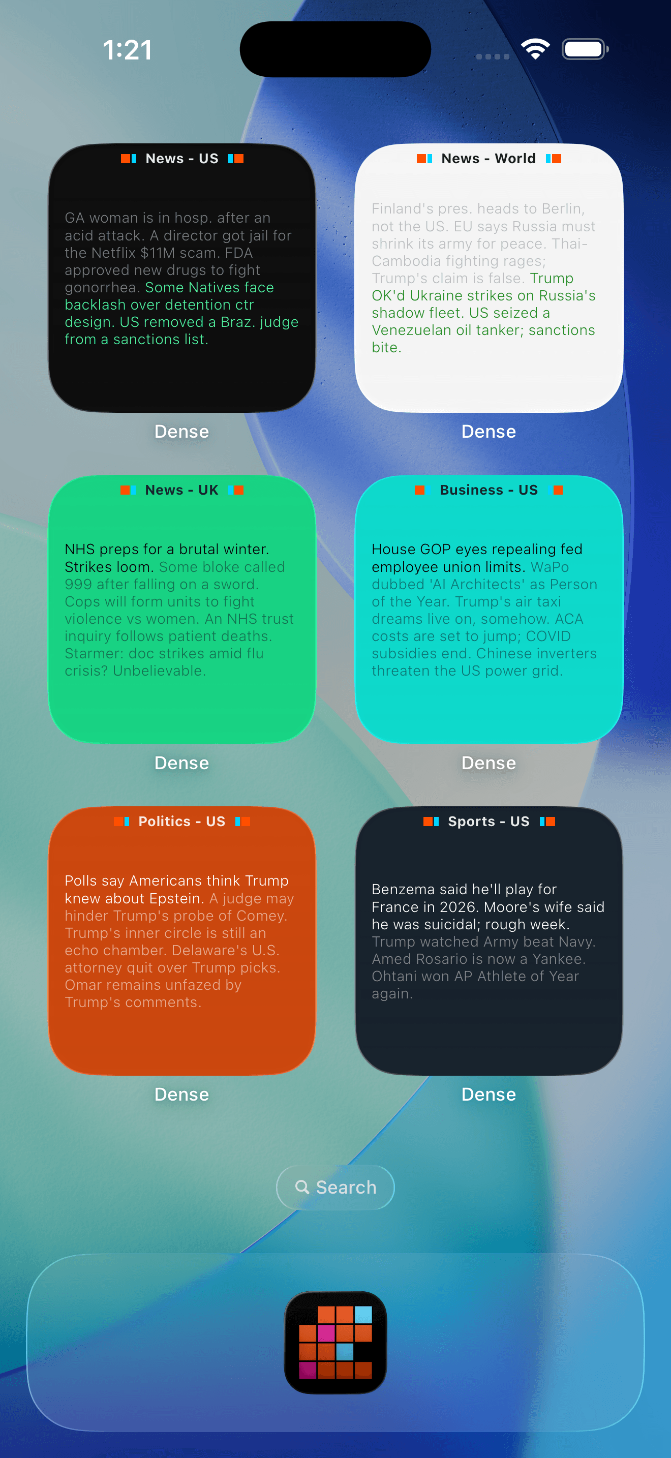 Dense widgets showing rolling news digests