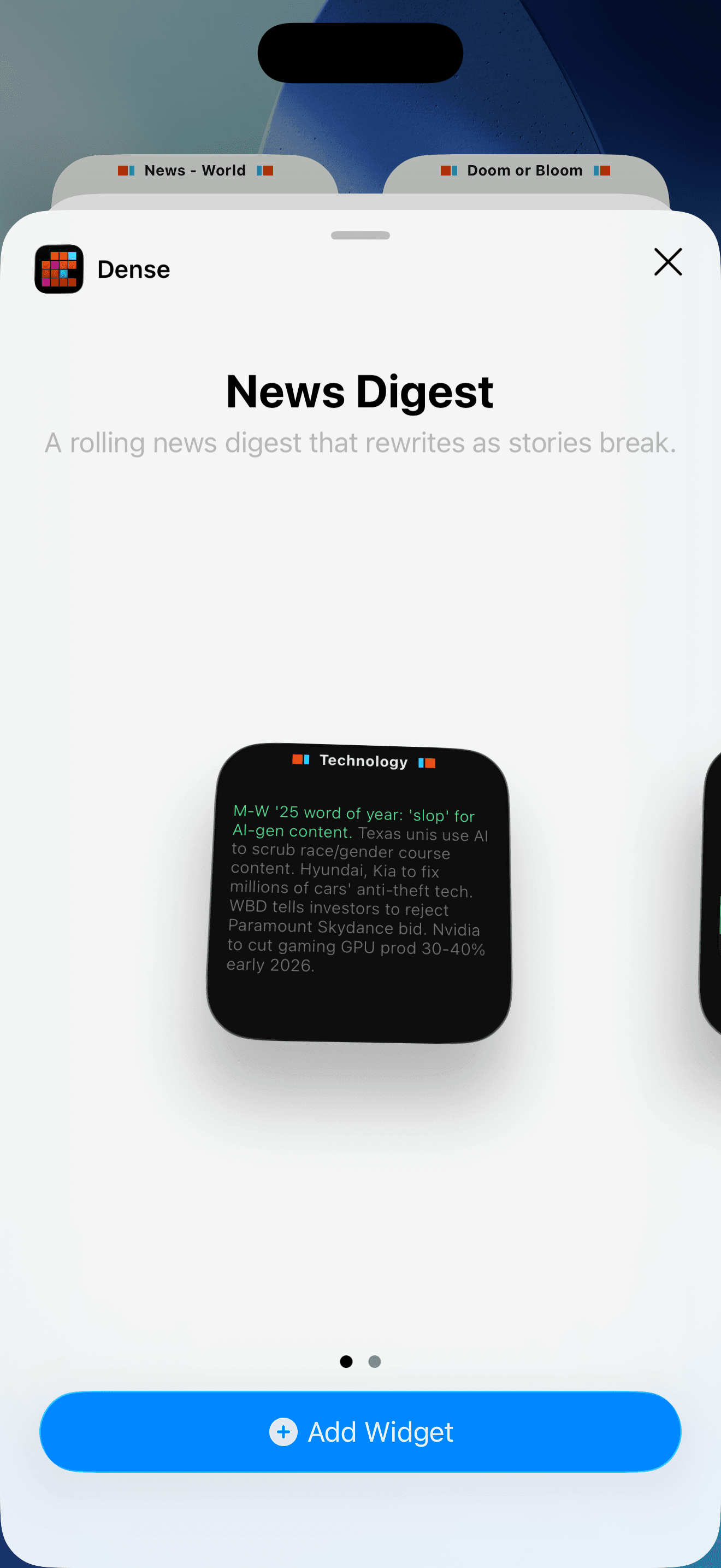 Adding a Dense widget to the home screen