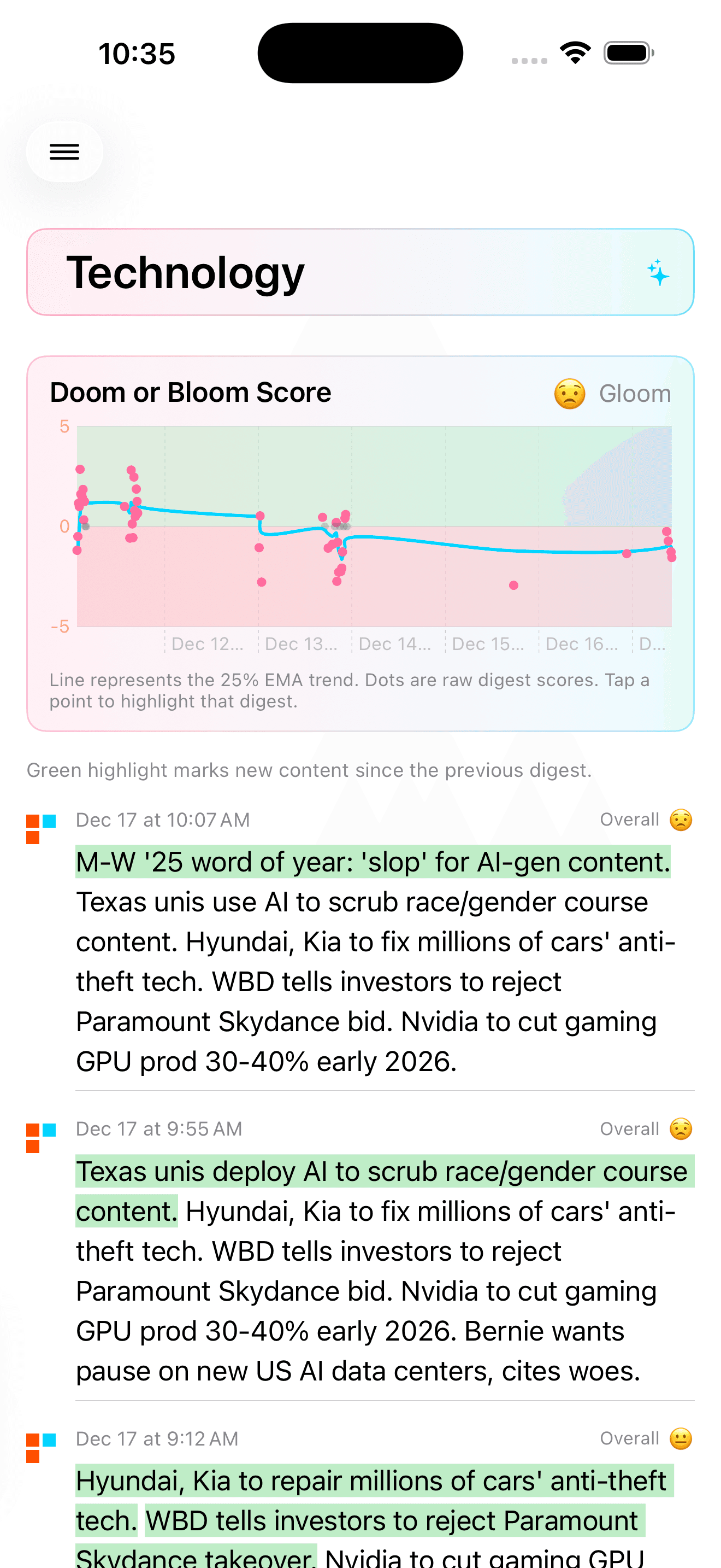 Dense app showing a topic digest with multiple stories synthesized into dense text