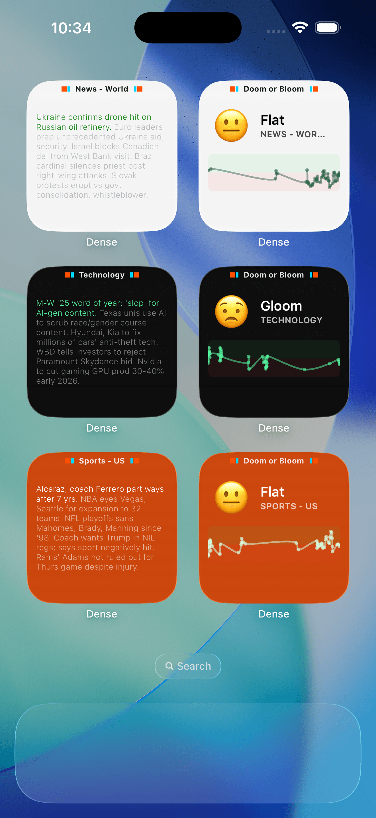 Dense digest widgets on home screen showing rolling news summary