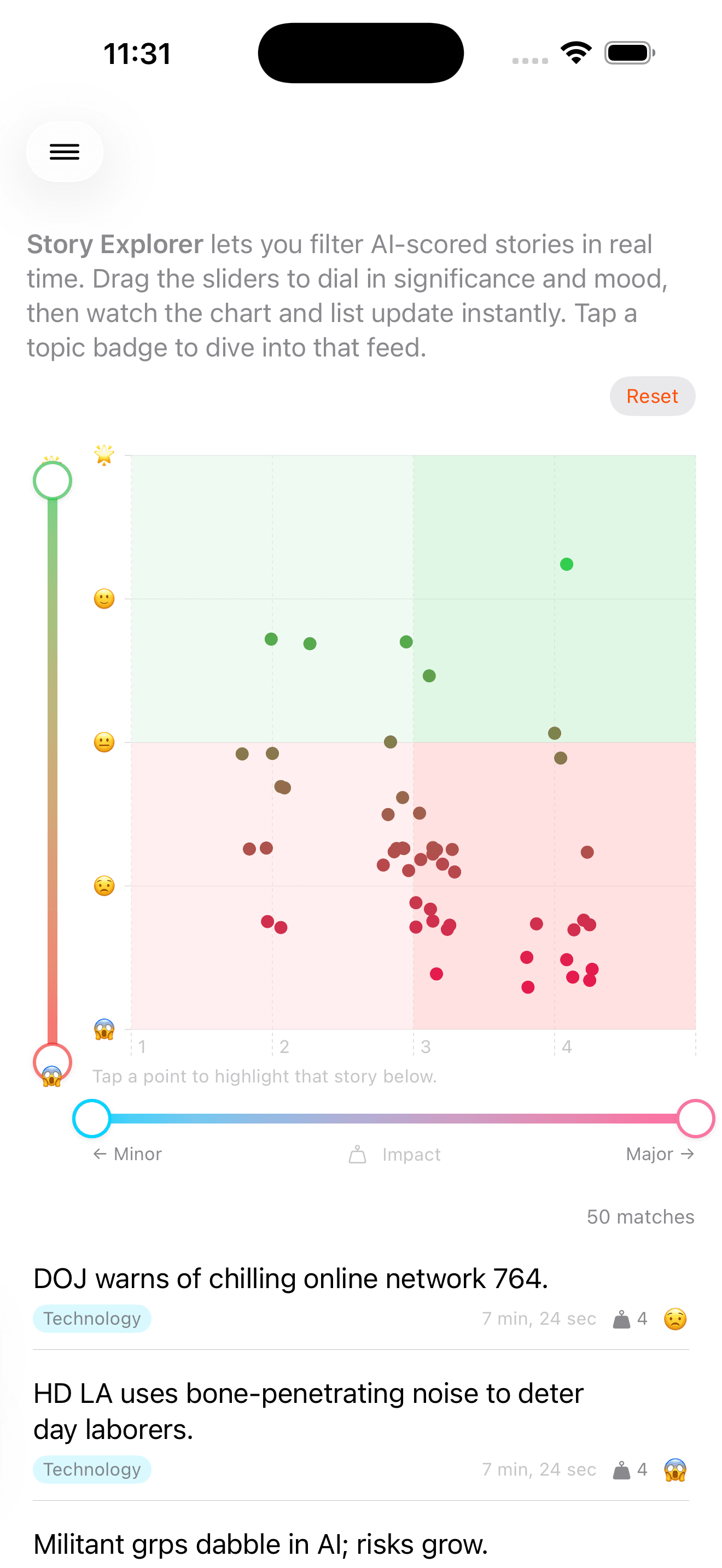 Dense Story Explorer showing stories filtered by mood and impact scores