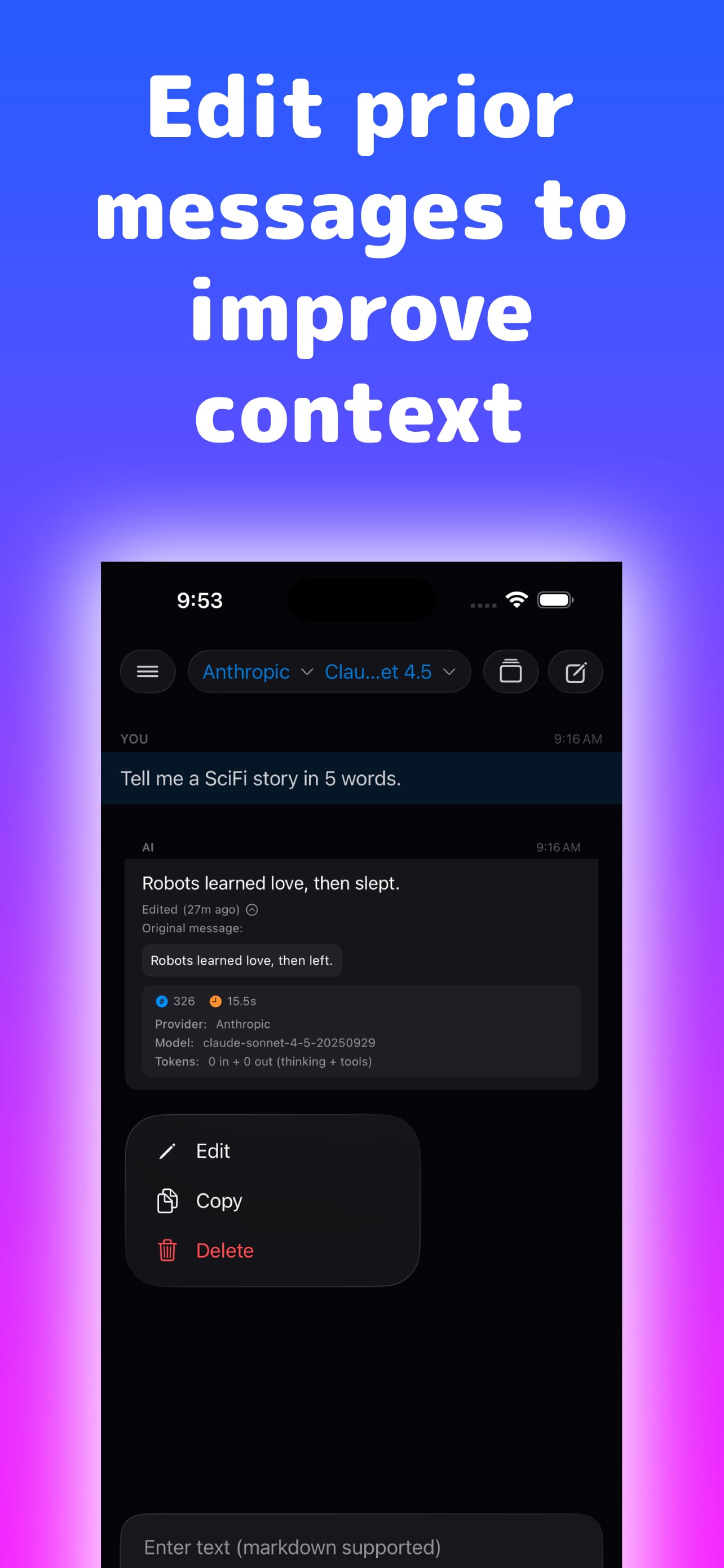 Cumbersome conversation editing interface showing inline message editing