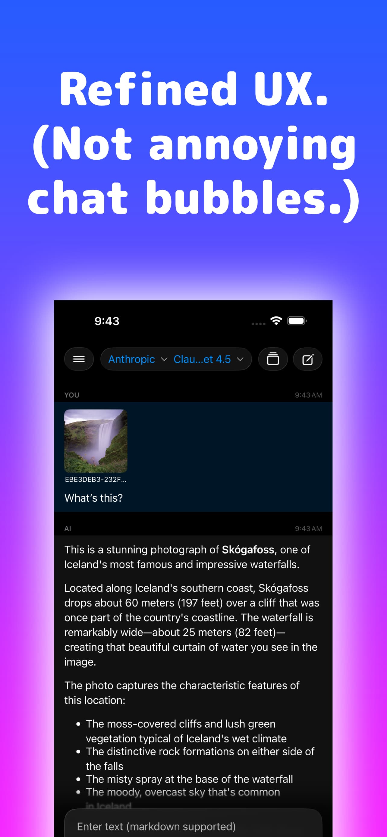 Cumbersome document workspace showing a conversation as a formatted document instead of chat bubbles