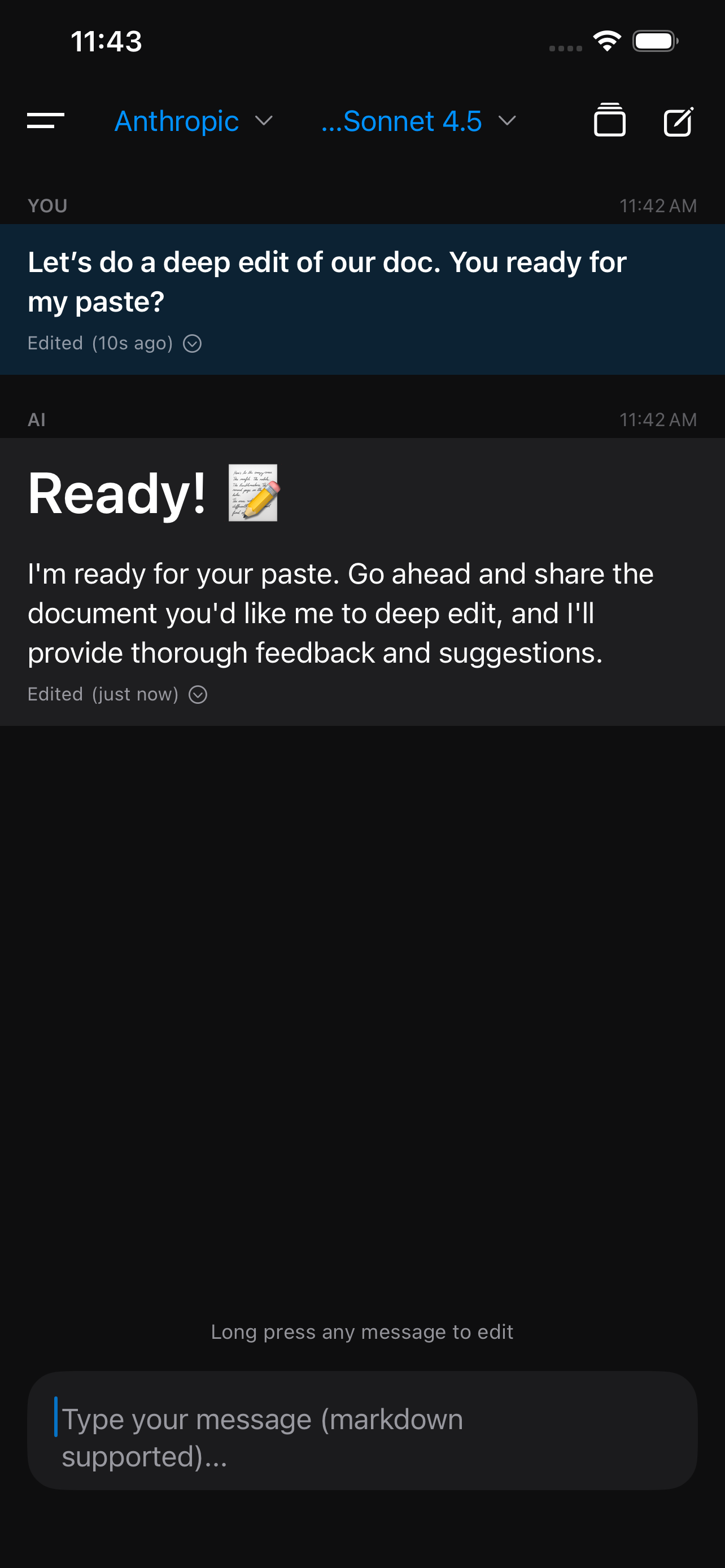 Document-style interface, not chat bubbles